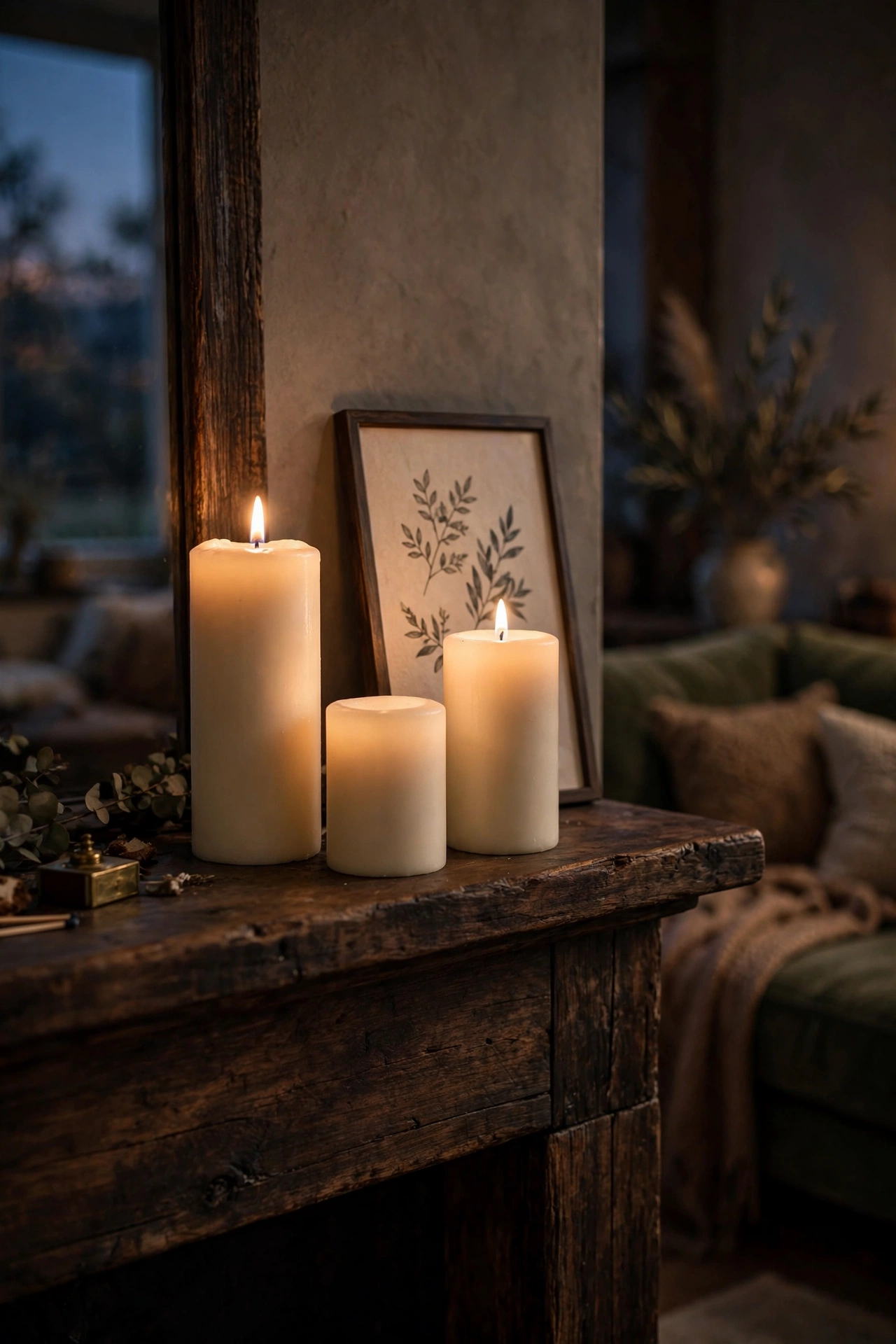 Three ivory pillar candles in staggered heights on a dark wood mantel