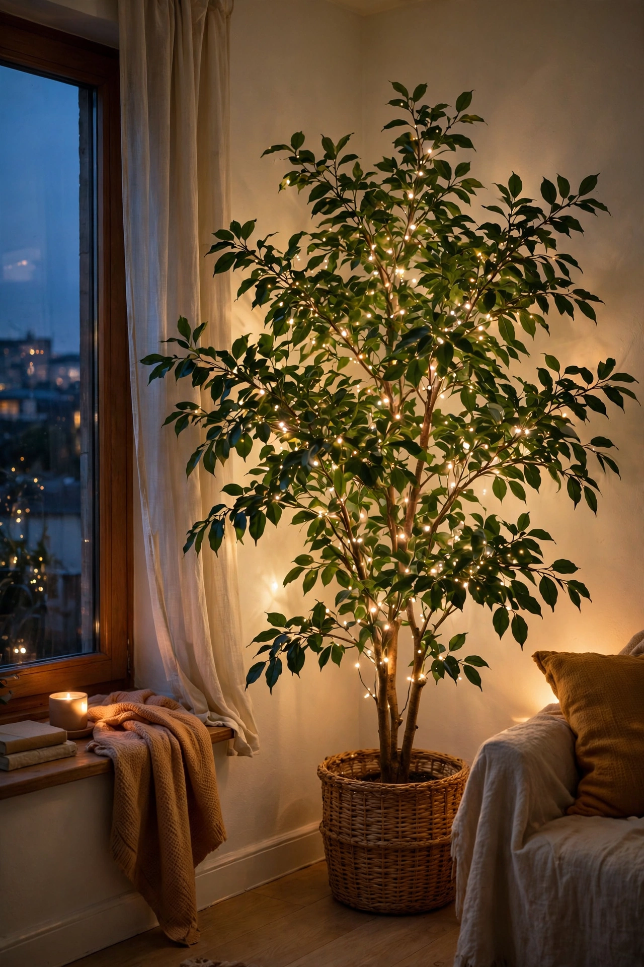 Warm-white fairy lights woven through a tall floor plant in a living room corner