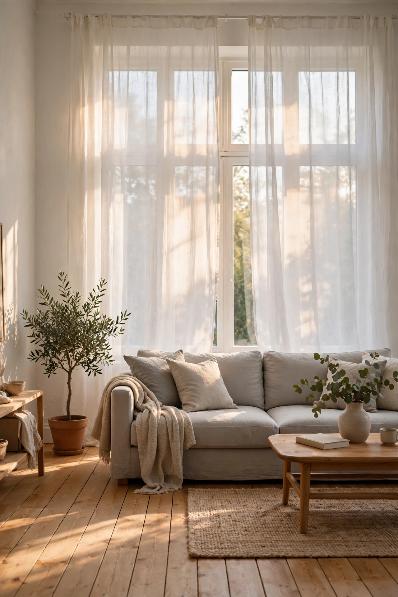 Sheer white curtain panels hung high over a large living room window
