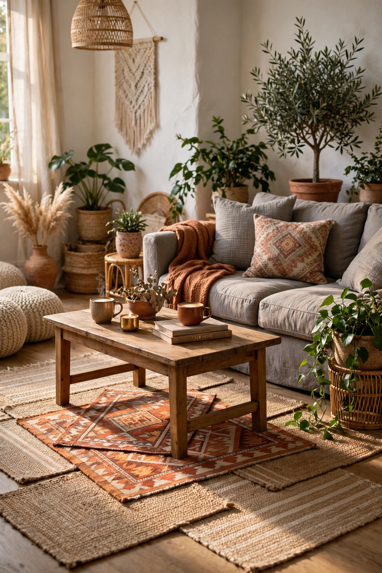Three small flatweave rugs layered under a coffee table in a living room