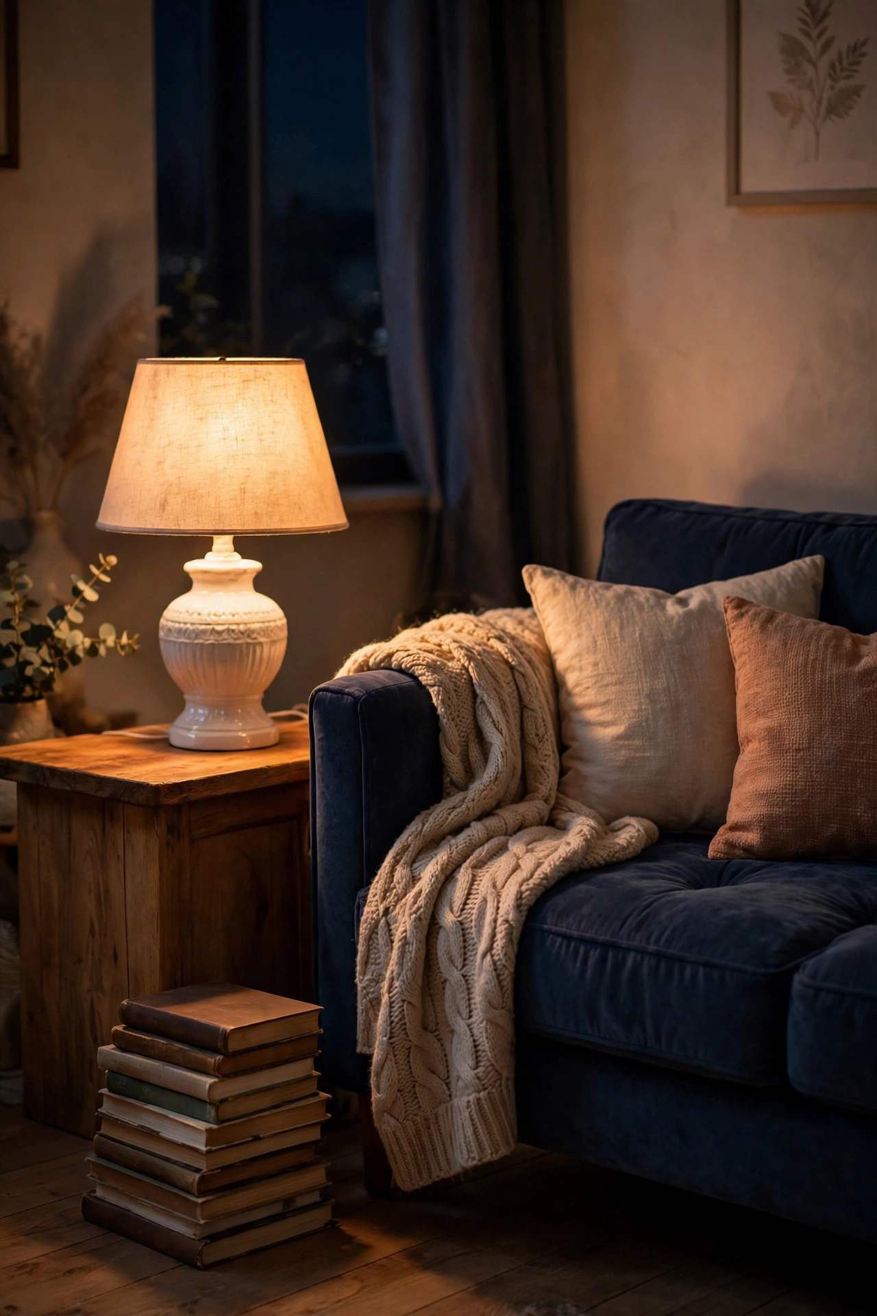 Ceramic table lamp with warm glow on a side table beside a sofa