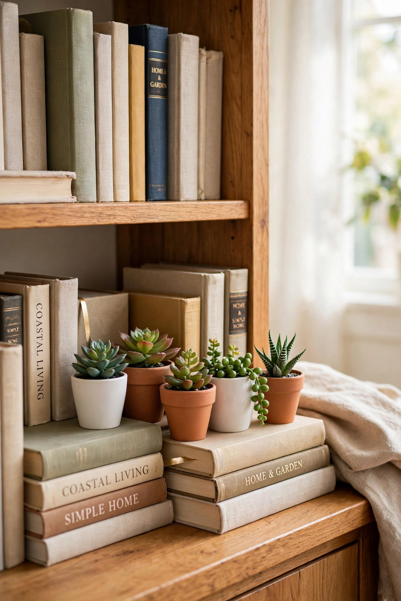 Cluster of small potted faux succulents on a living room bookshelf