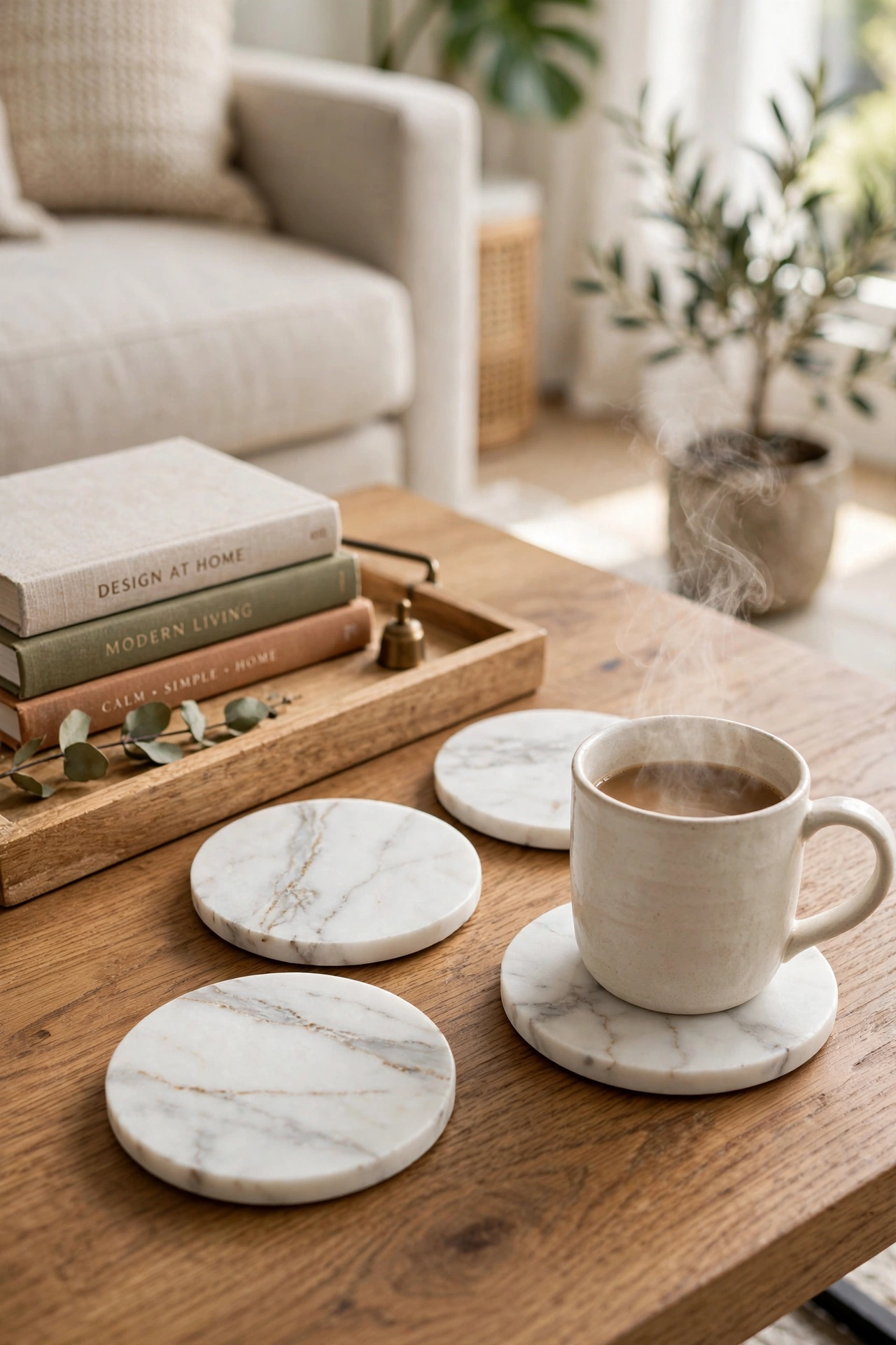 Marble-look coasters on a styled coffee table beside a mug
