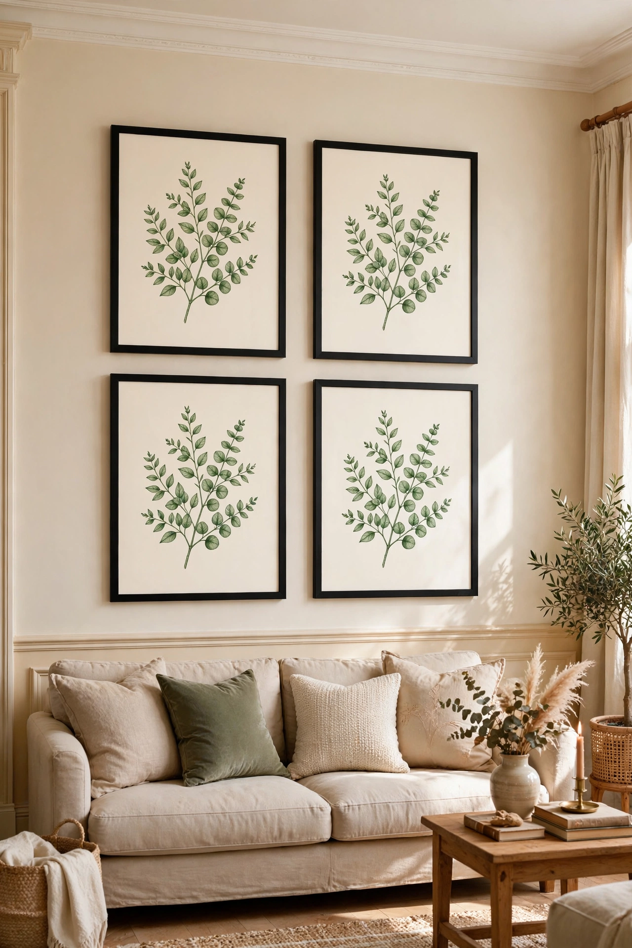 Four framed botanical prints in a two-by-two grid above a sofa