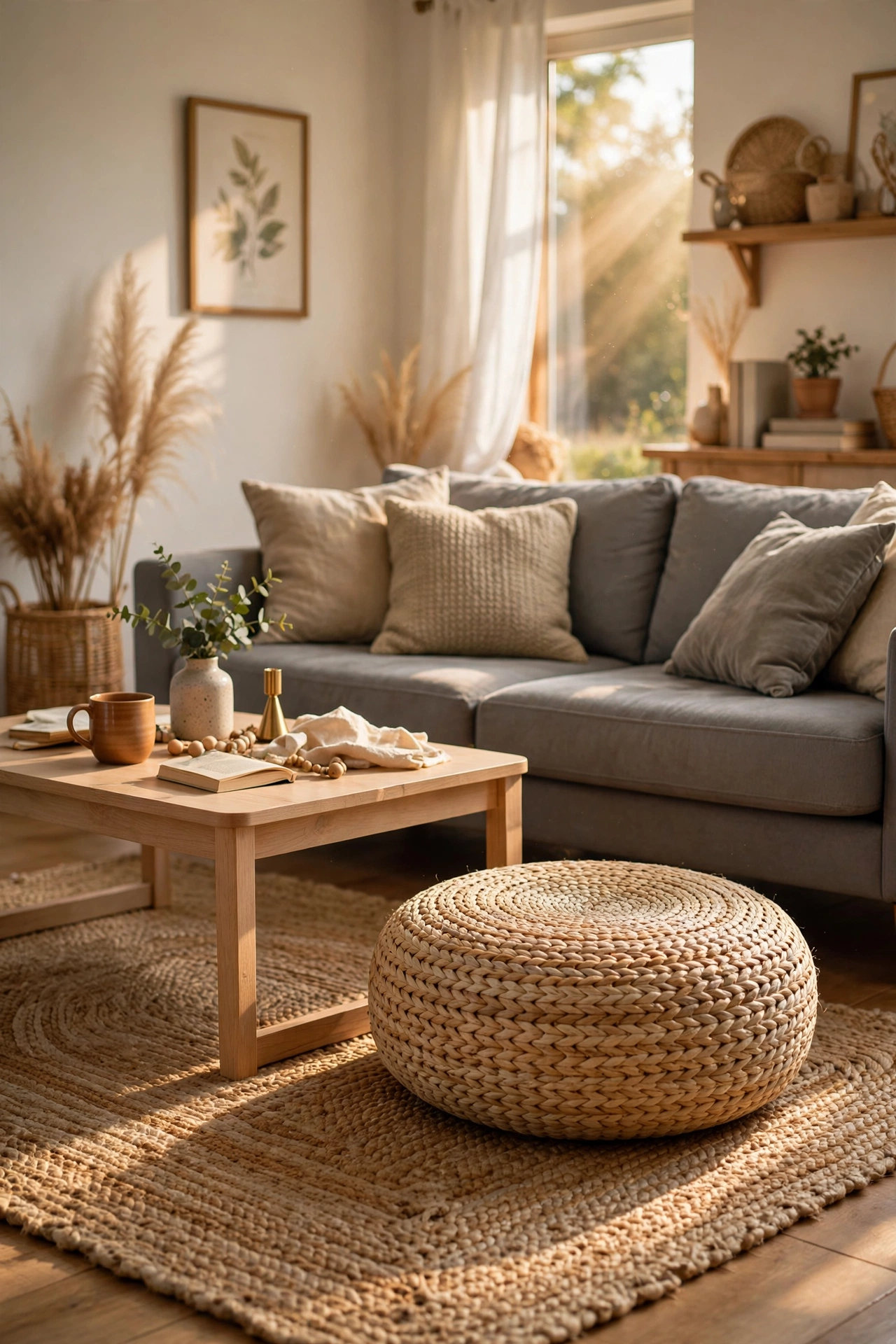 Round woven floor pouf cushion beside a coffee table in a living room