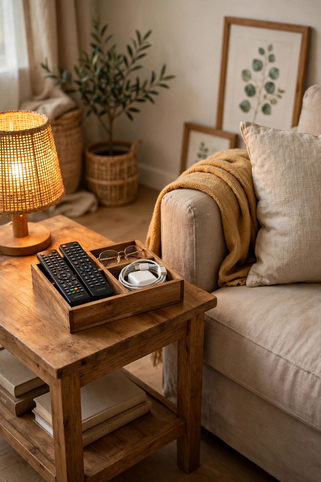 Small wooden compartmented caddy holding TV remotes on a side table