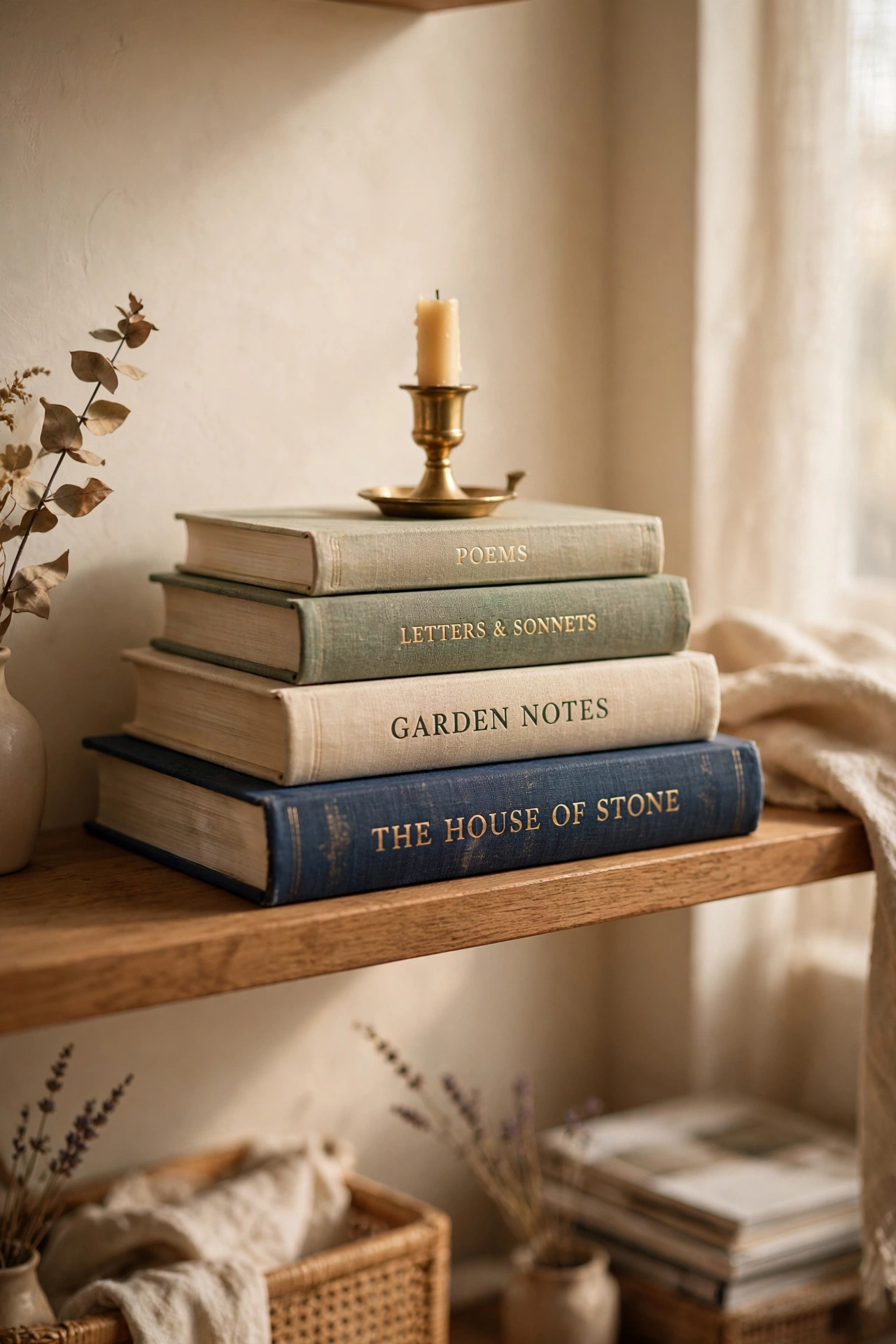 Stack of navy and cream hardback books topped with a candle on a shelf