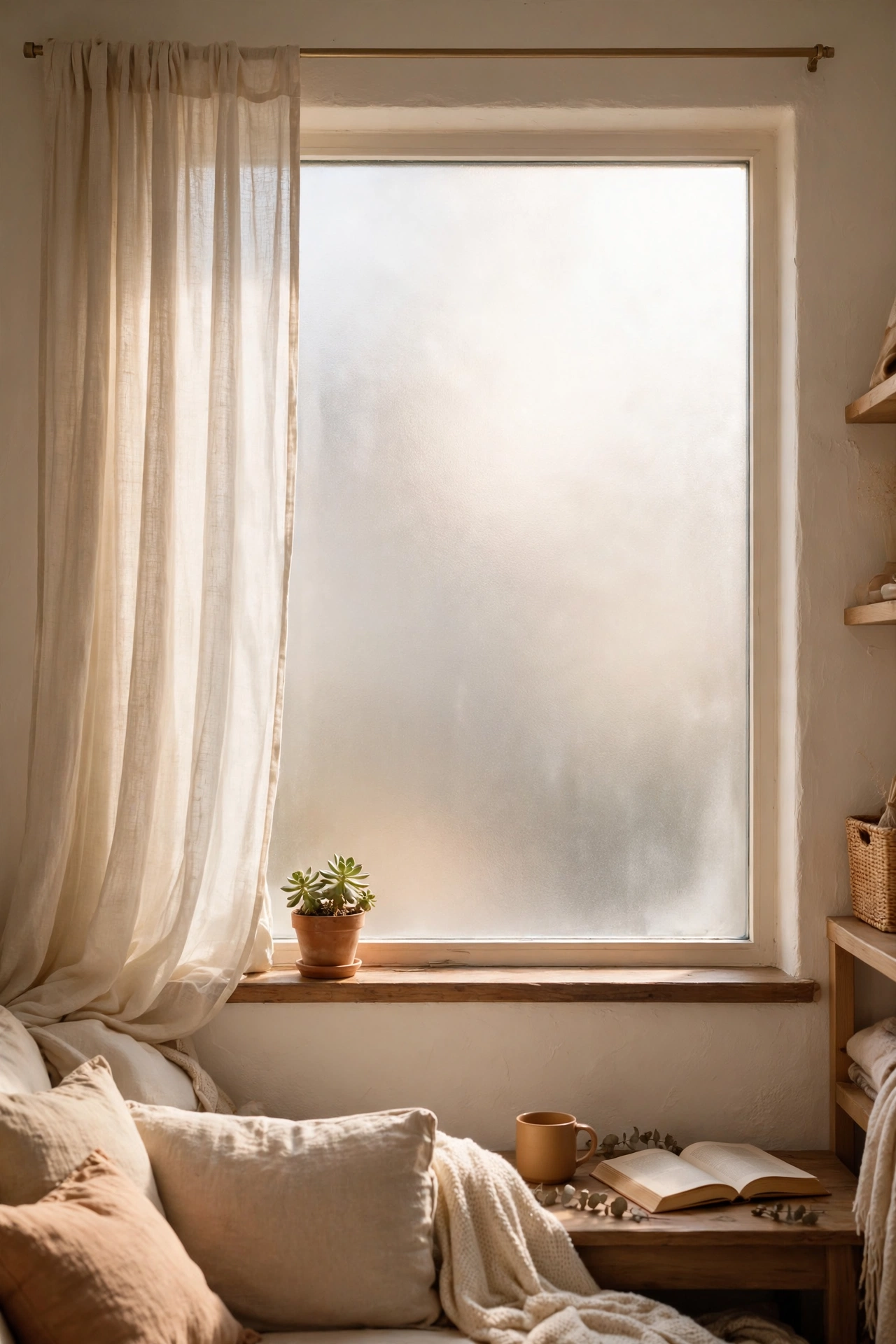 Living room window with frosted privacy film glowing with soft daylight