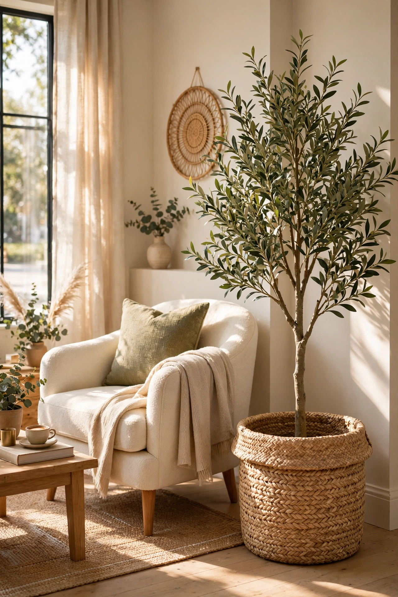 Tall faux olive tree in a large seagrass basket in a living room corner