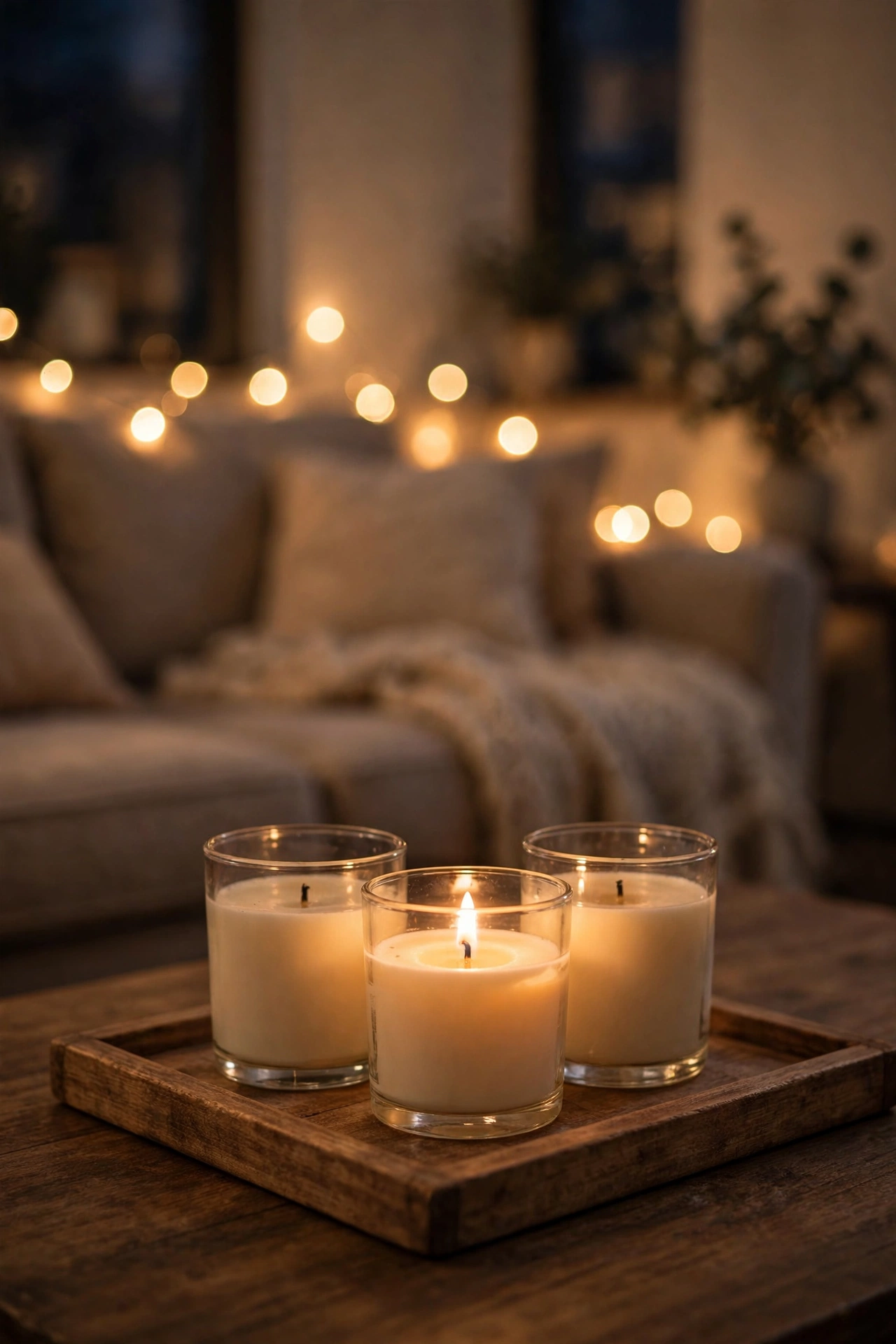 Three vanilla jar candles grouped on a coffee table tray in the evening