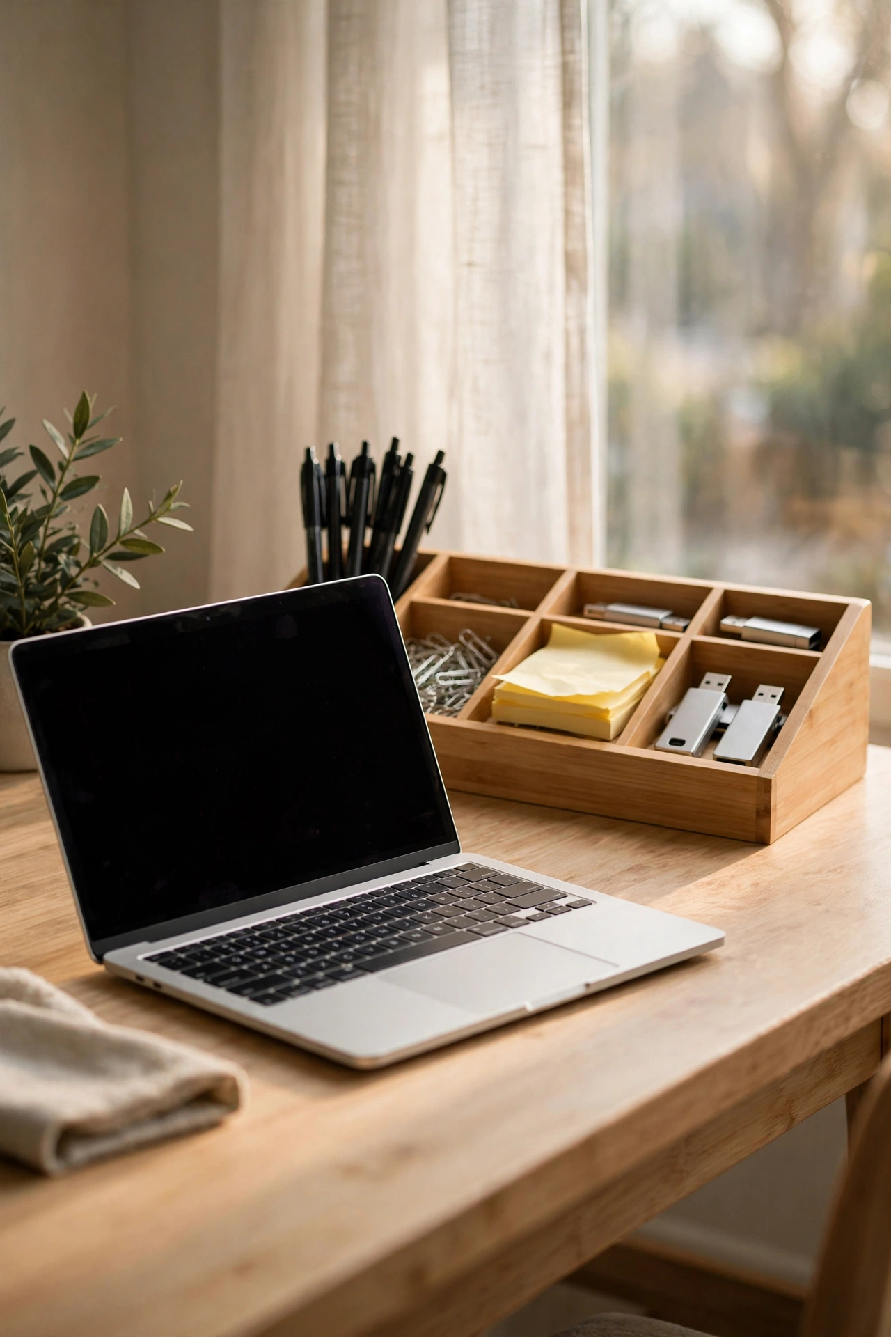 Bamboo desk organizer tray holding pens, paperclips and USB sticks on a home office desk