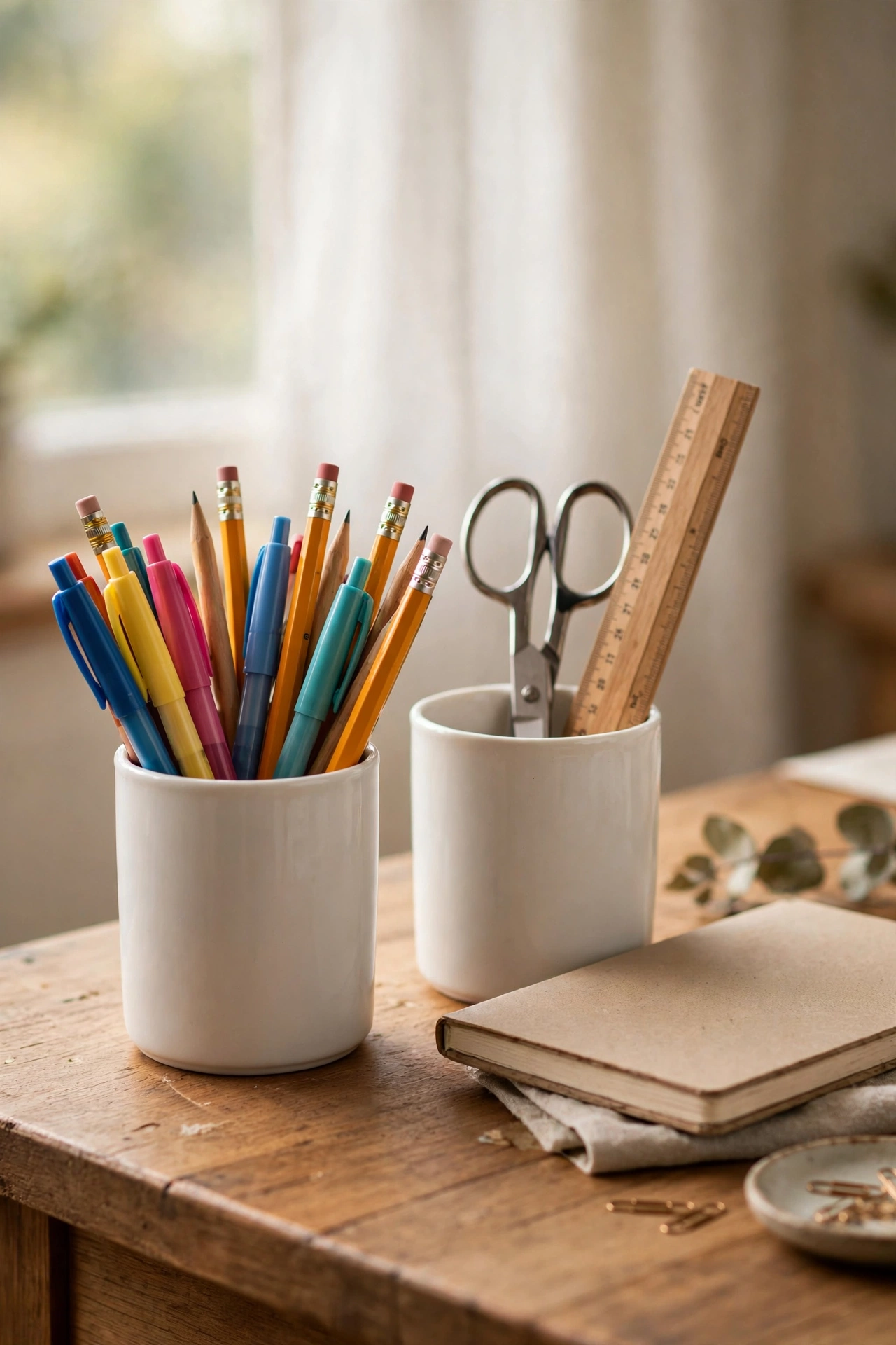 Pair of ceramic pen cups holding pens, scissors and a ruler on a home office desk