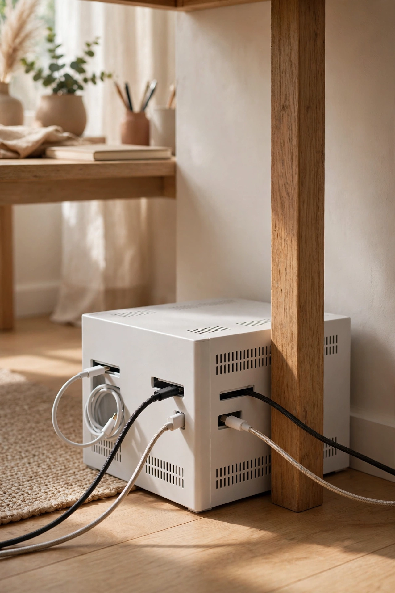 Cable management box hiding a power strip behind a home office desk