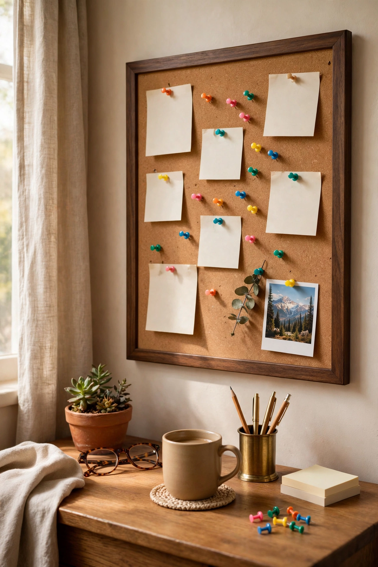 Framed cork bulletin board with pinned notes and photos beside a home office desk
