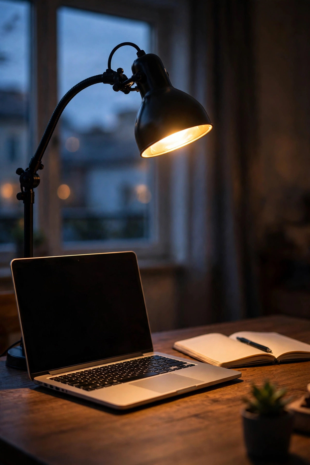 Adjustable LED desk lamp glowing warm on a home office desk in the evening