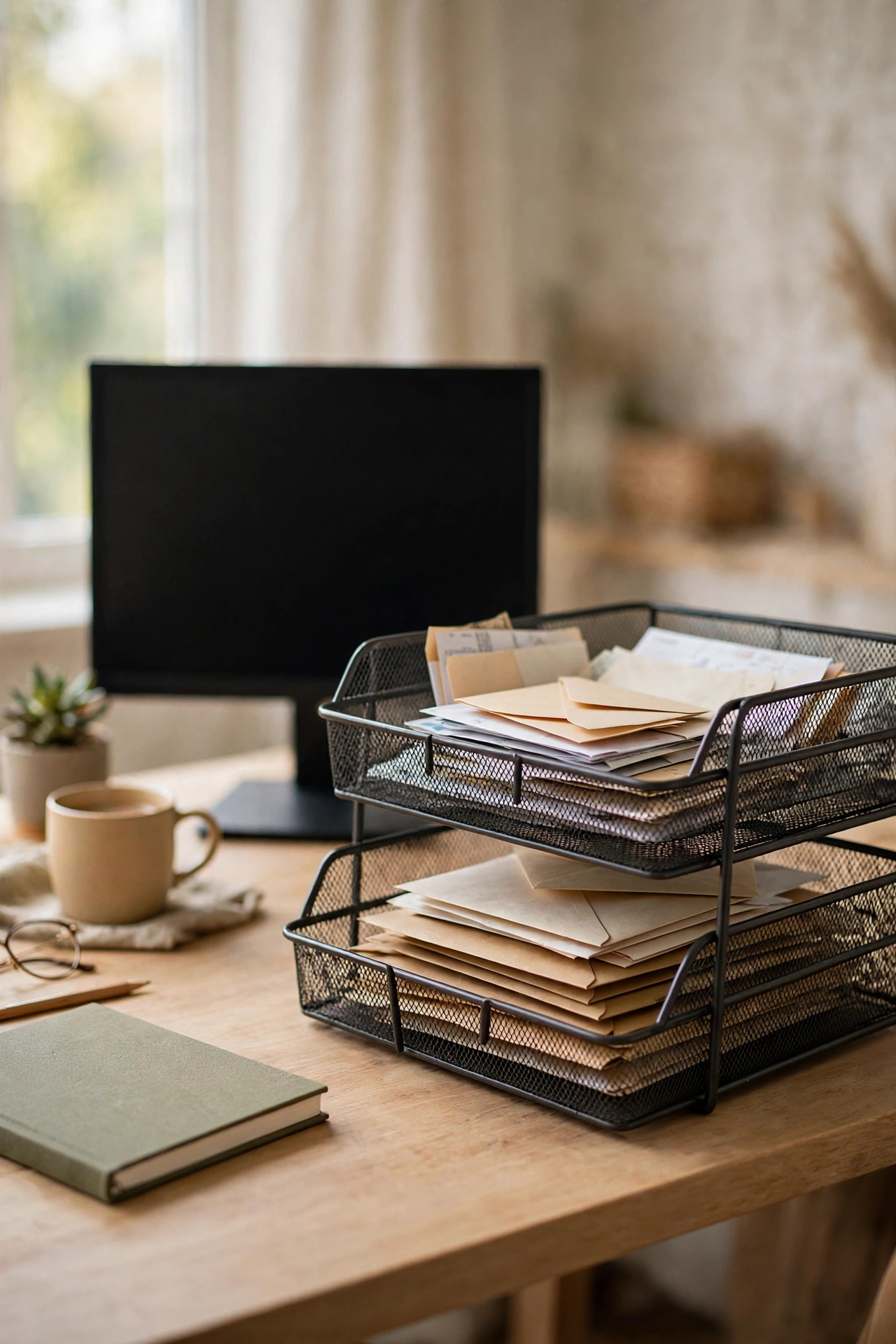 Stackable letter trays for inbox and outbox mail on a home office desk