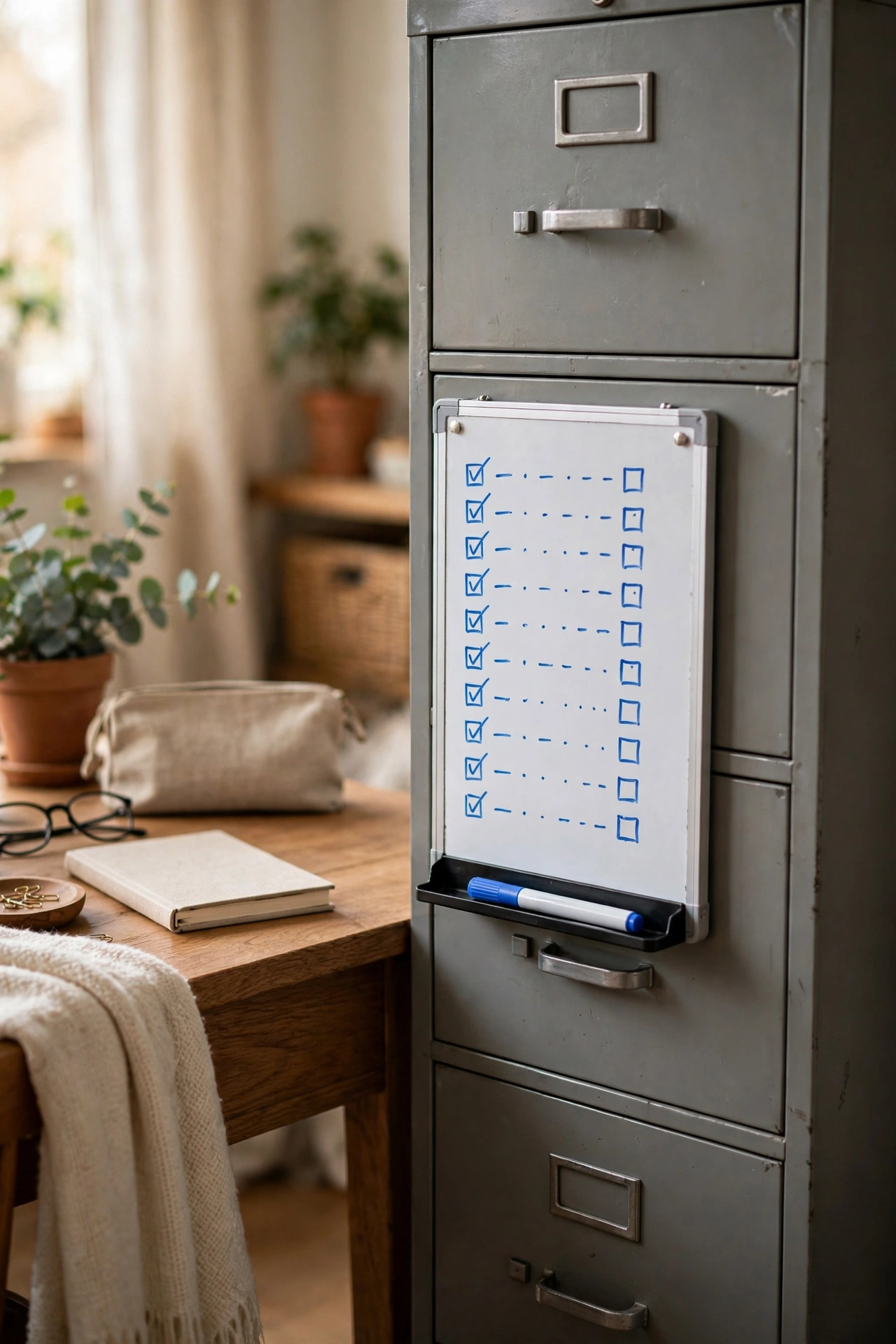 Magnetic mini whiteboard with a daily task list stuck on a metal filing cabinet