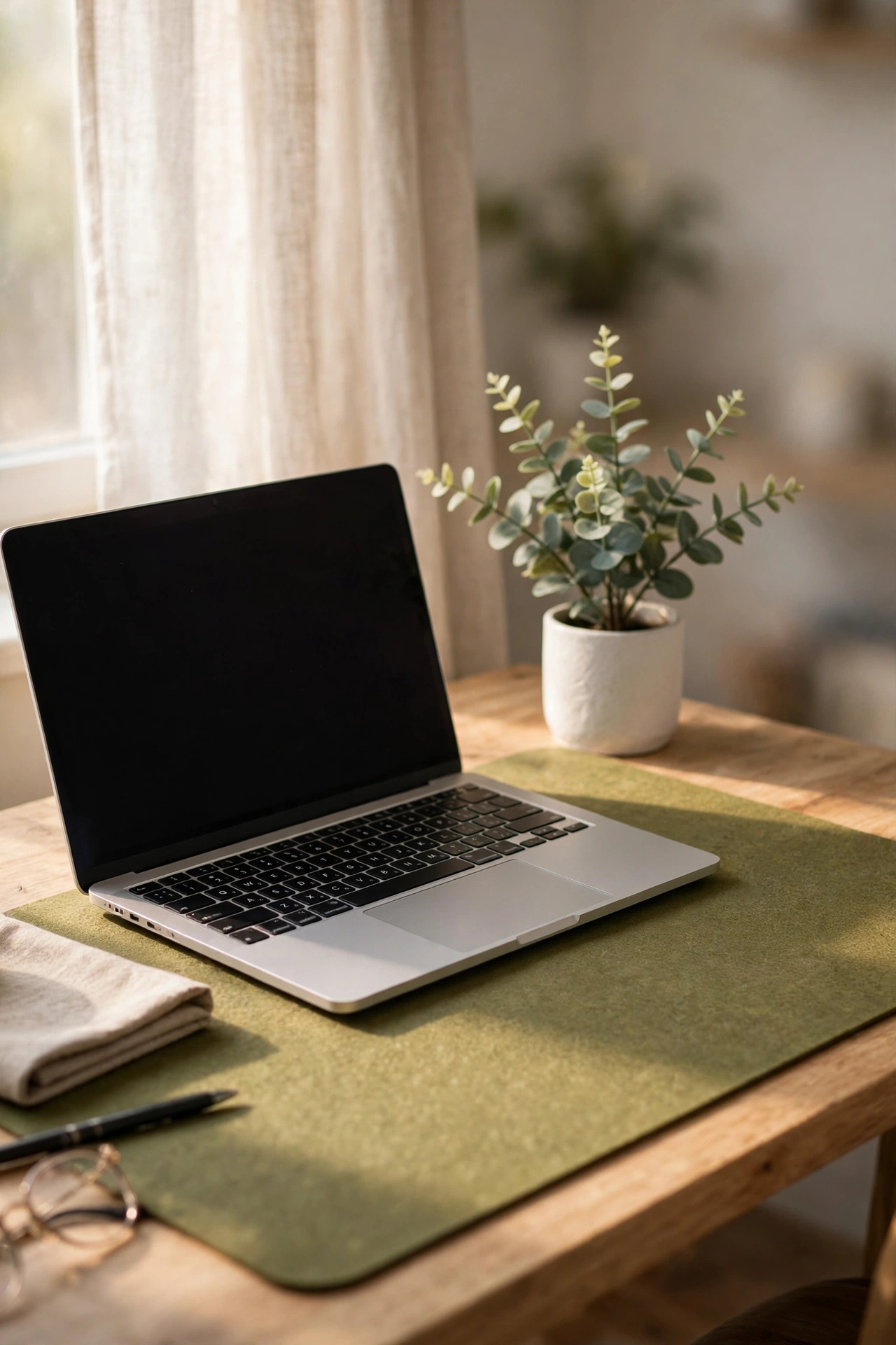 Faux potted eucalyptus plant on a home office desk