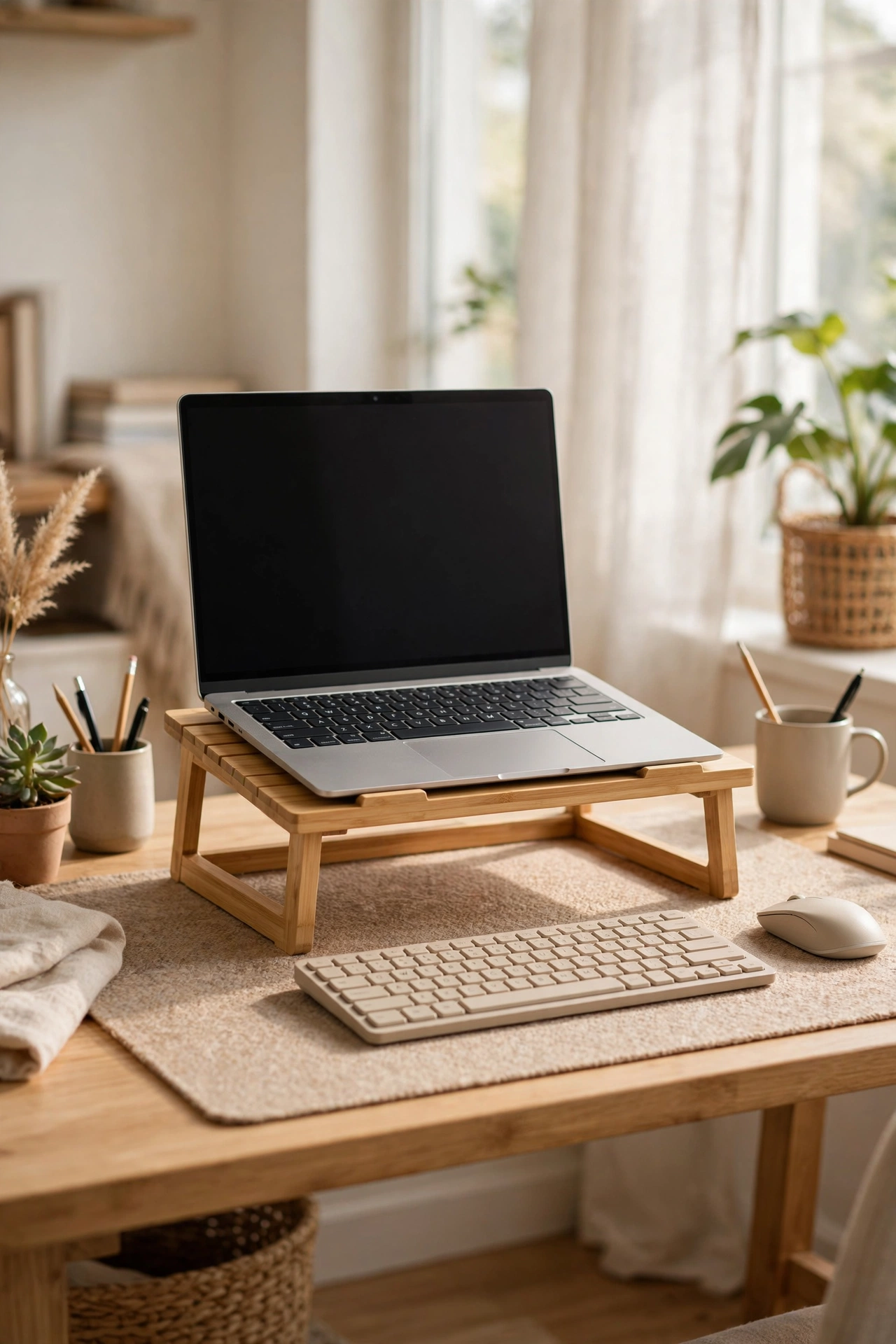 Bamboo laptop riser lifting a laptop to eye level on a home office desk