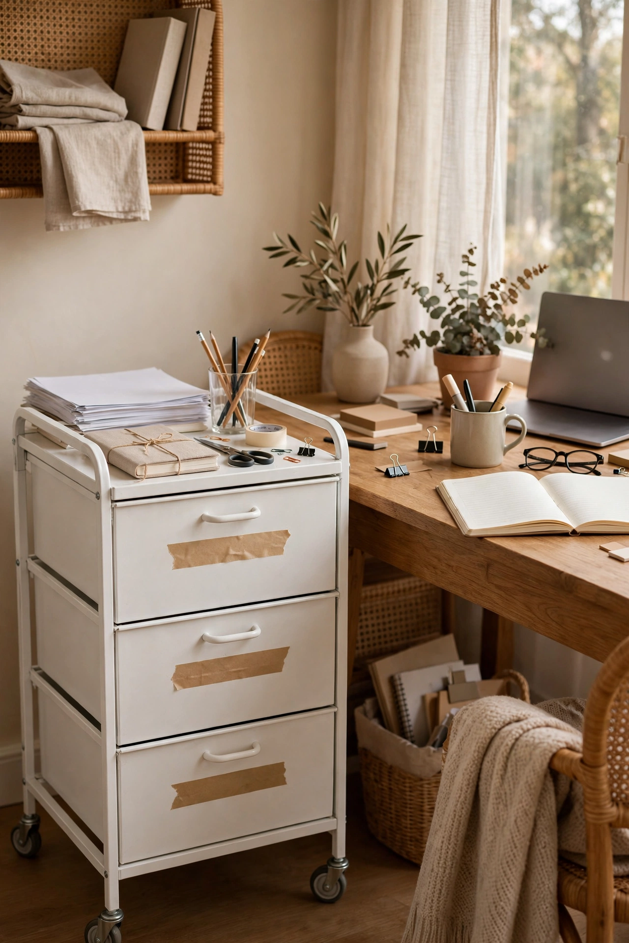 Rolling three-drawer cart holding office supplies beside a home office desk