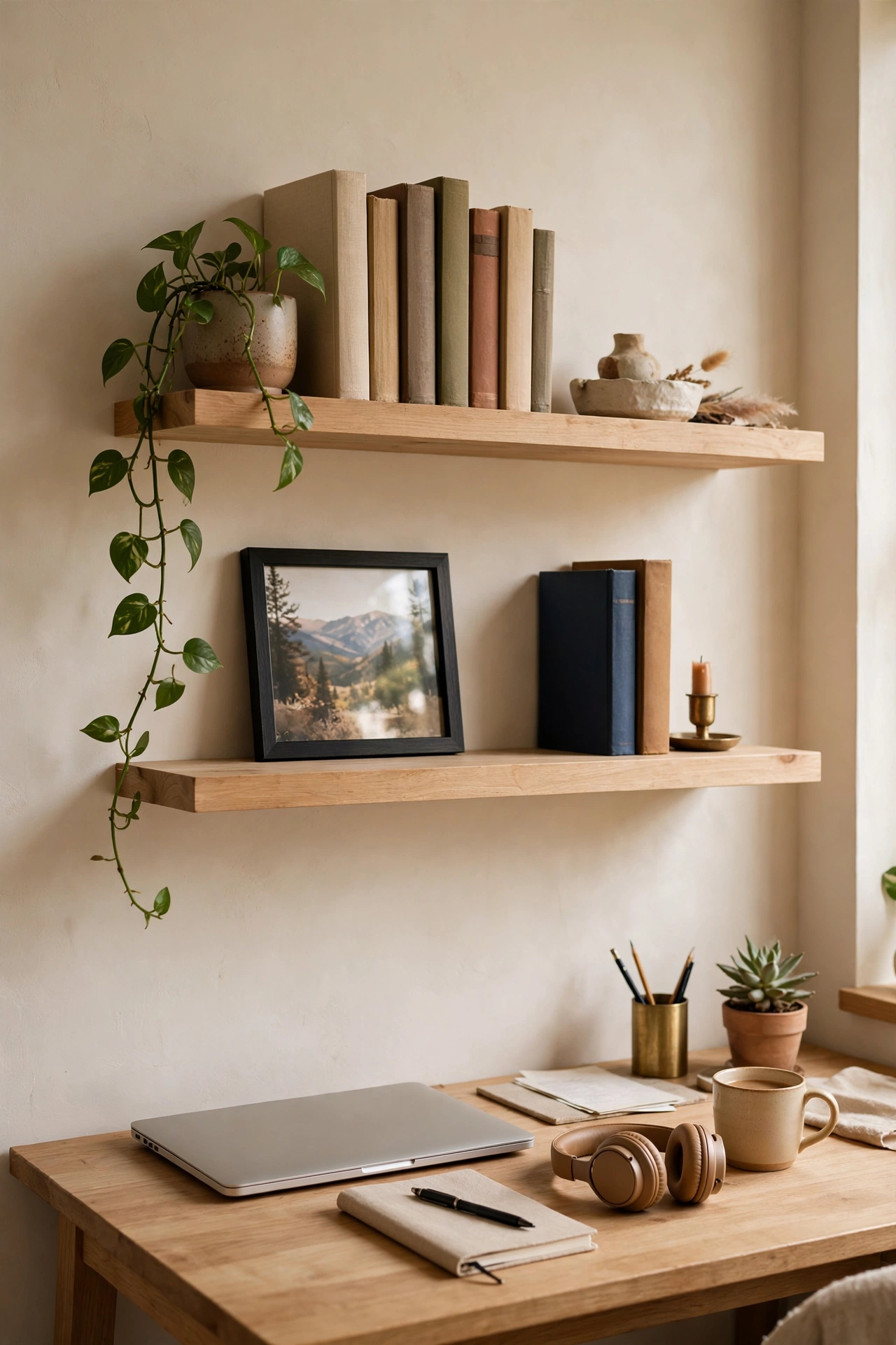 Wall-mounted floating shelves above a home office desk holding books and a plant