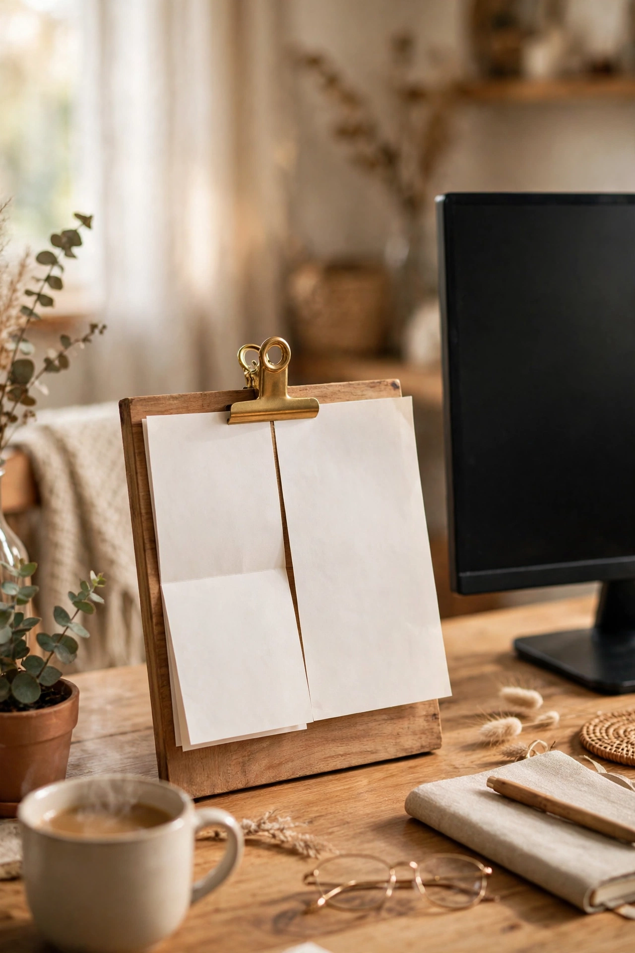 Wooden memo clip board with a brass clip holding papers on a home office desk