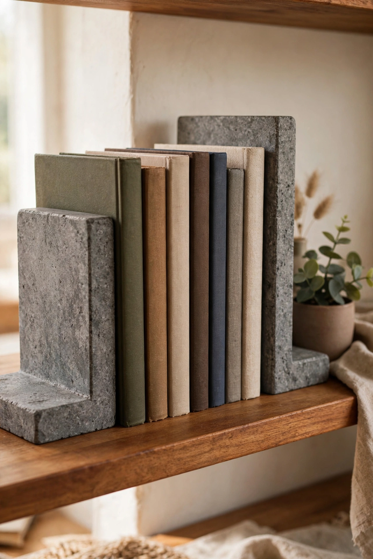 Stone-look bookends holding upright reference books on a home office shelf