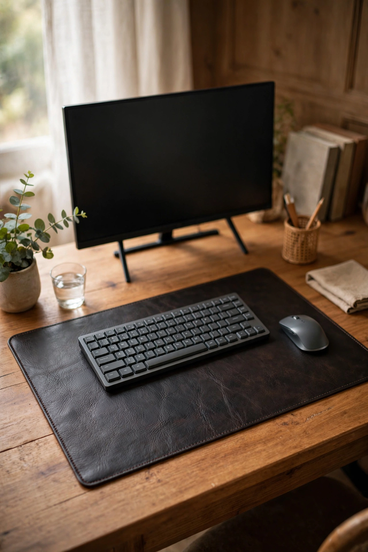 Leather-look desk mat under a keyboard and mouse on a home office desk