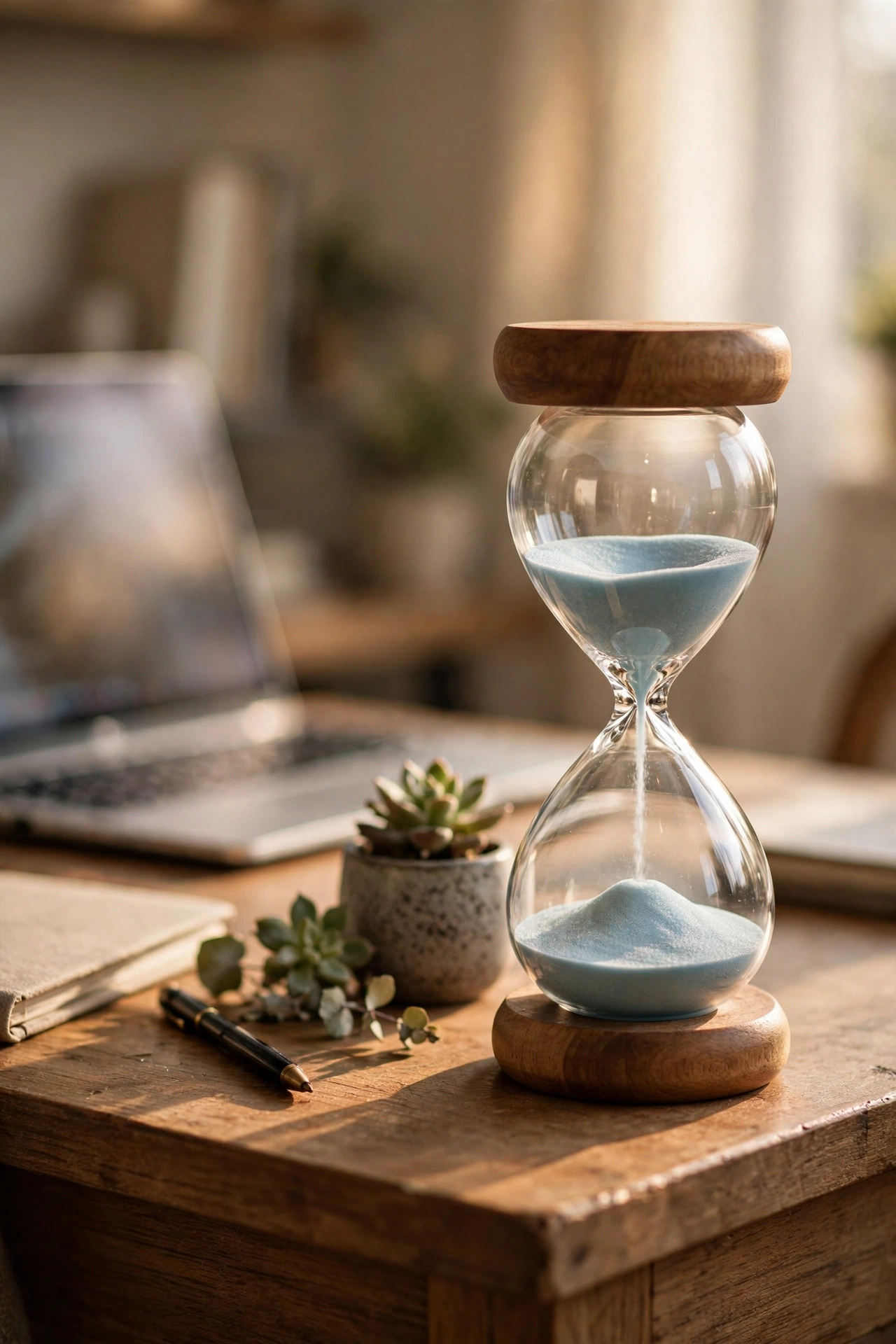 Sand hourglass timer on a home office desk for focus sprints