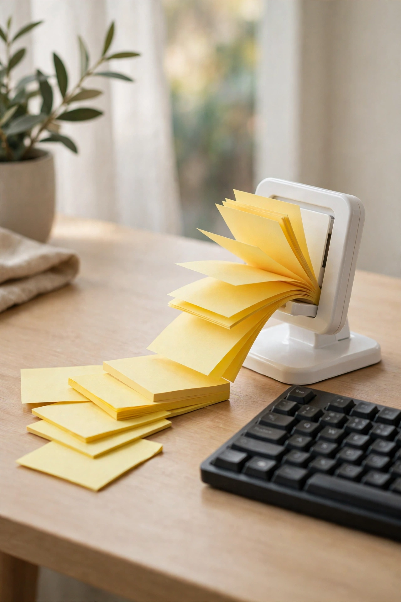 Weighted sticky-note dispenser beside a keyboard on a home office desk