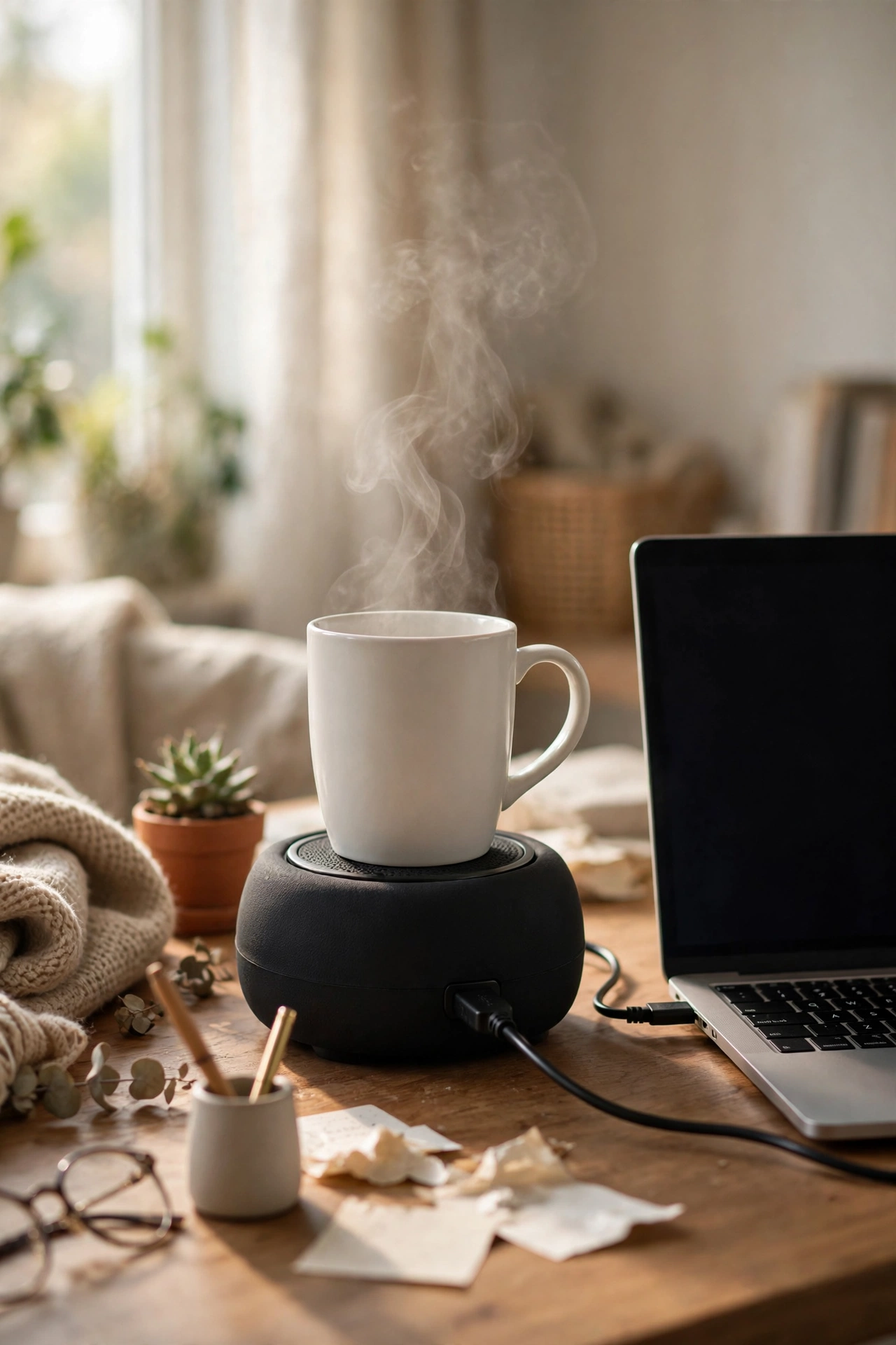 USB mug warmer keeping a coffee mug warm on a home office desk