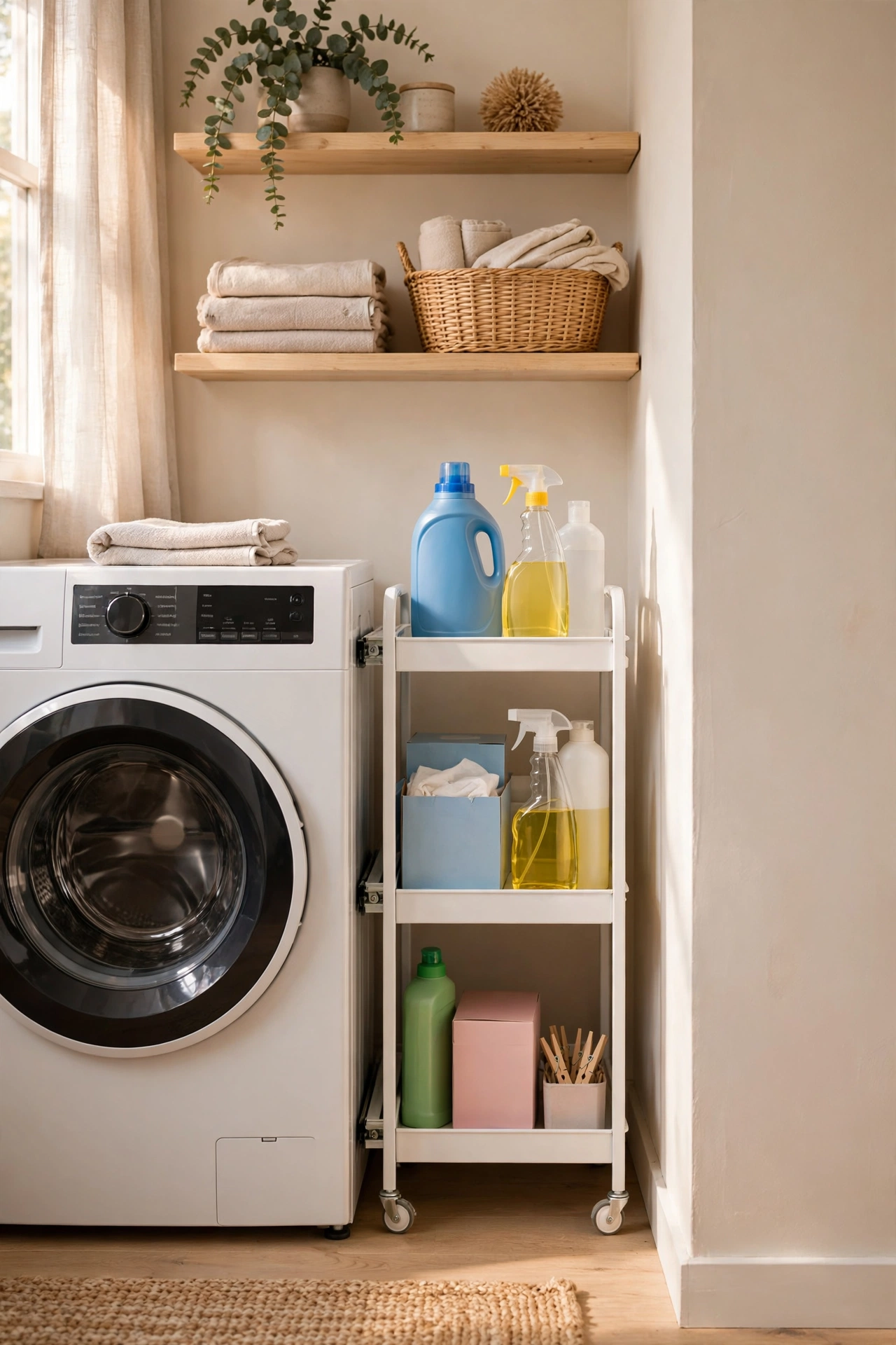 Narrow rolling tiered cart sliding into the gap between washer and wall in a small laundry room