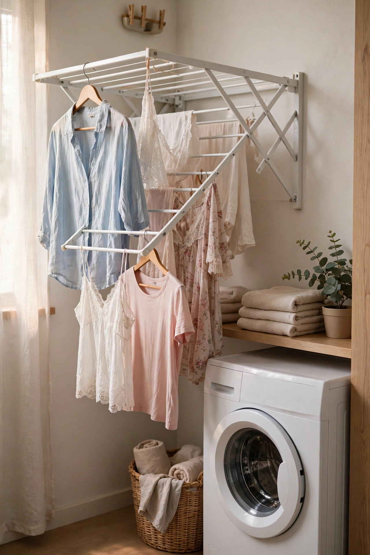 Wall-mounted folding drying rack swung down with clothes in a small laundry room