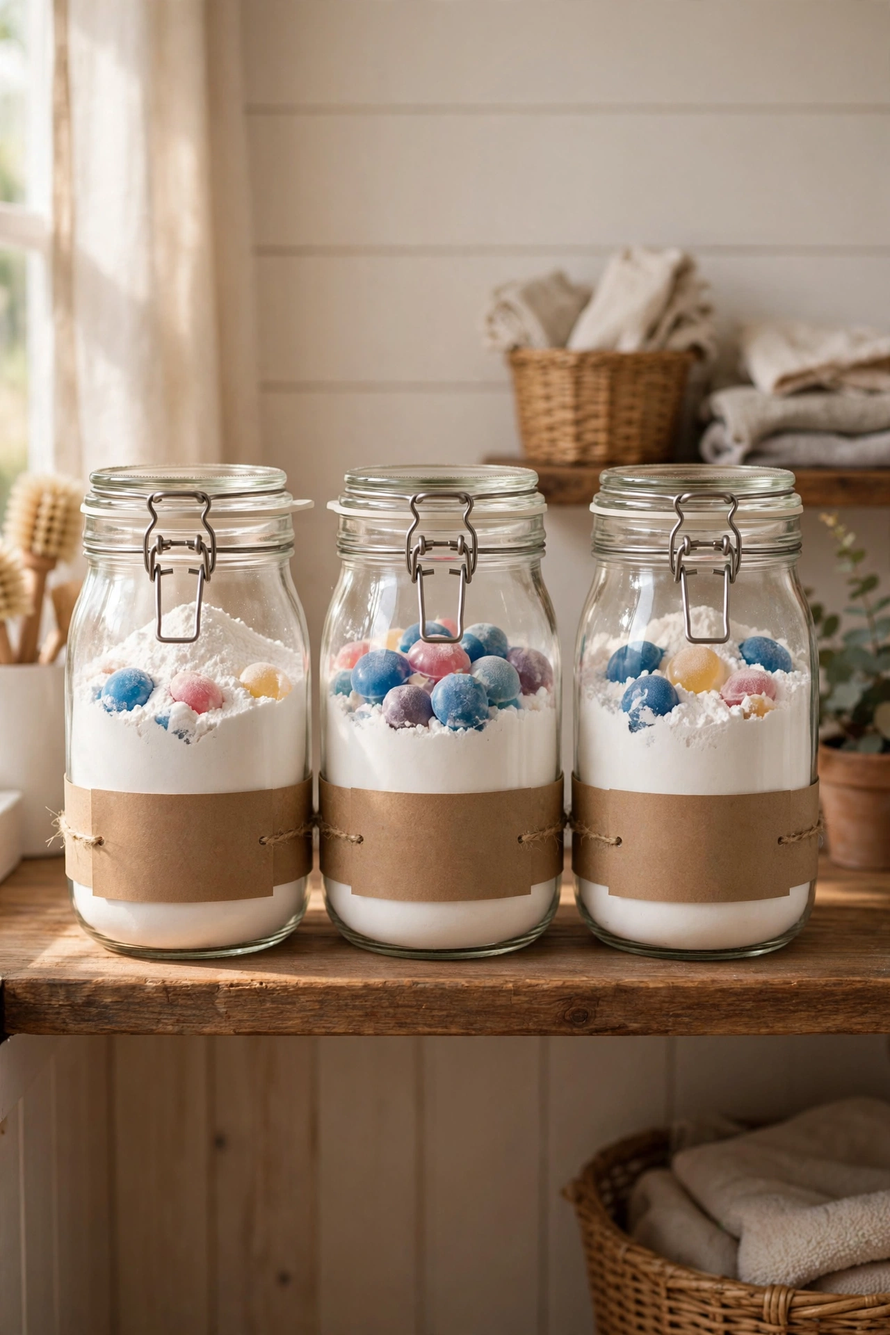 Glass detergent dispenser jars with airtight lids on a laundry room shelf
