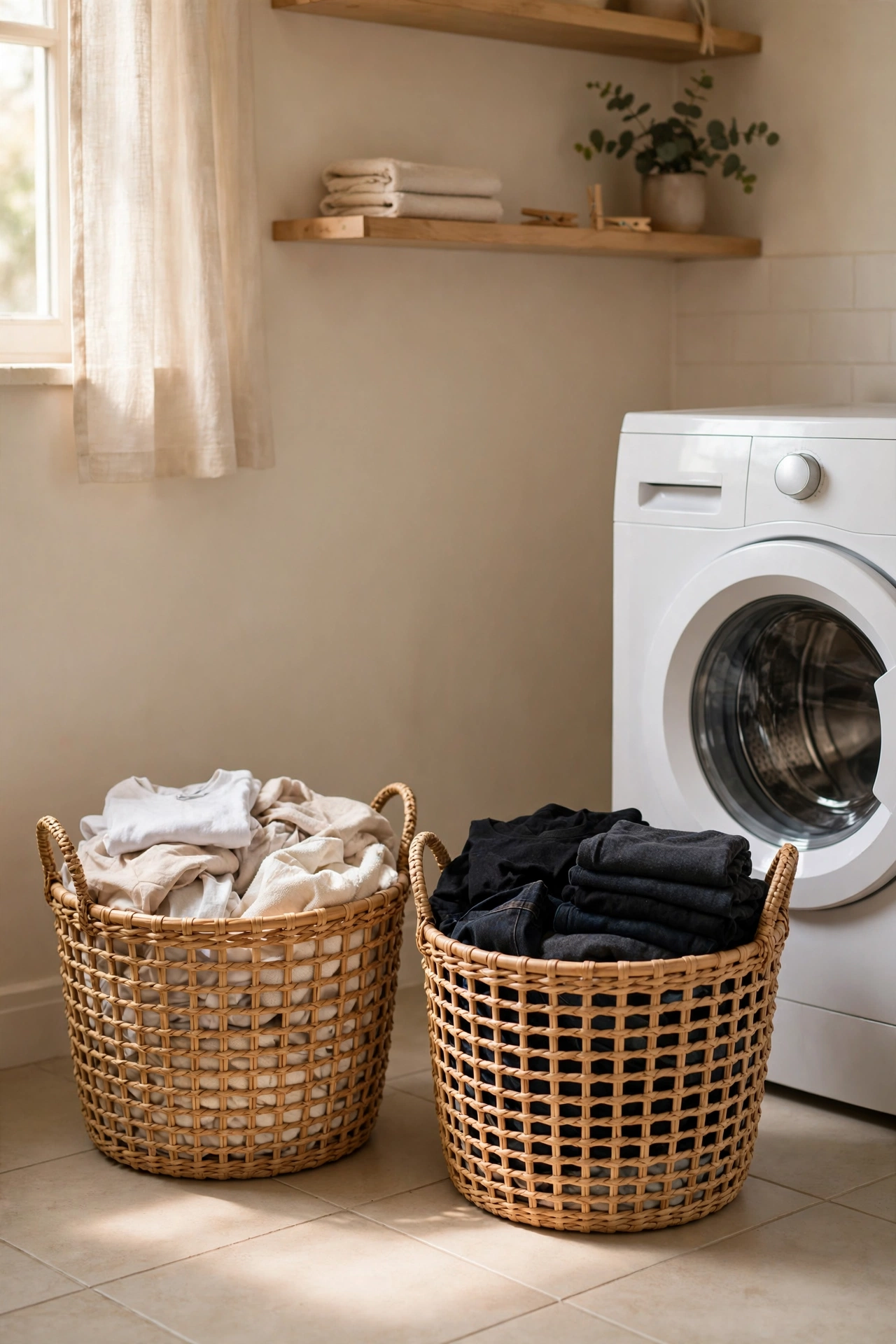 Woven laundry sorting baskets for lights and darks in a small laundry room