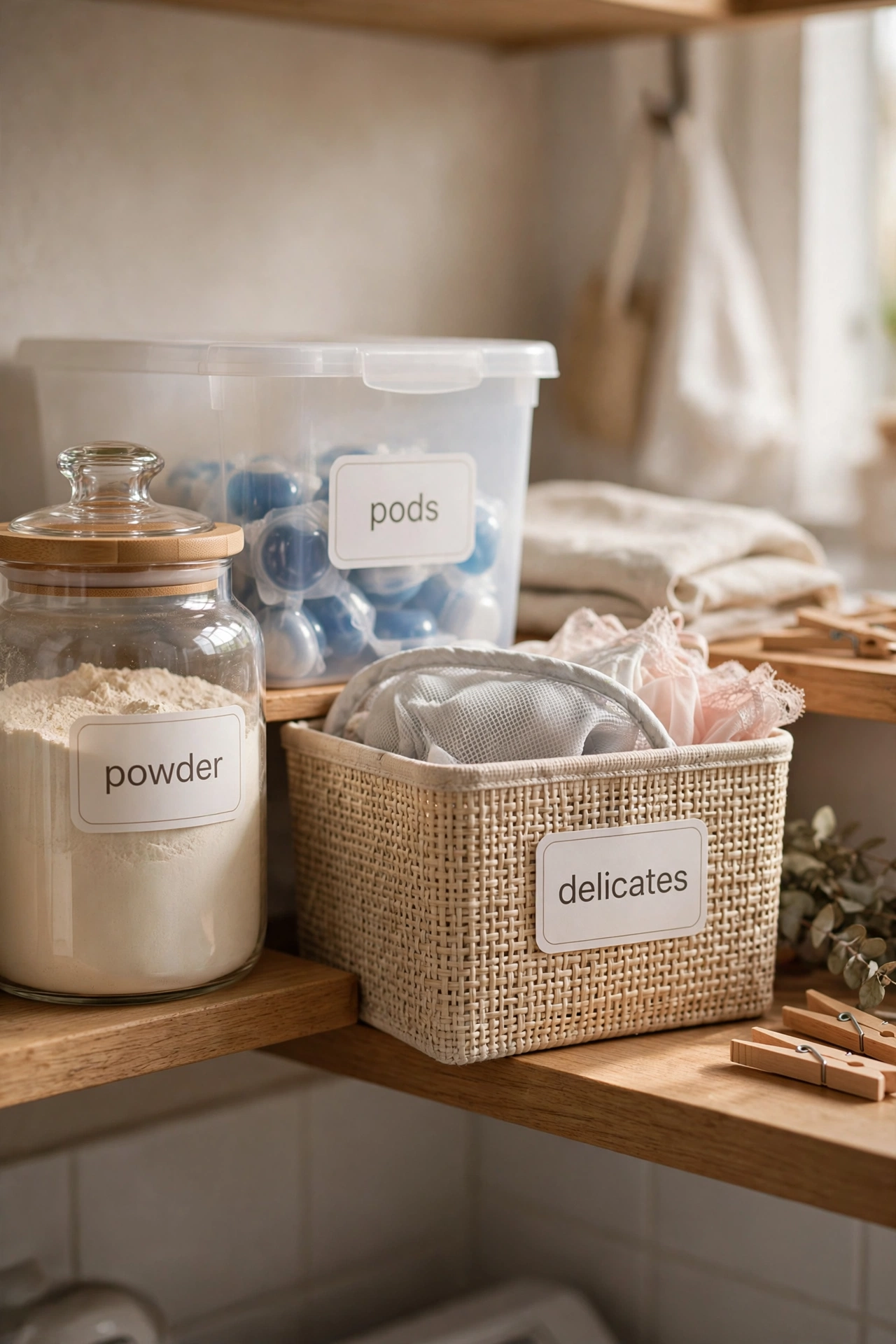 Waterproof adhesive labels on jars and bins in a laundry room