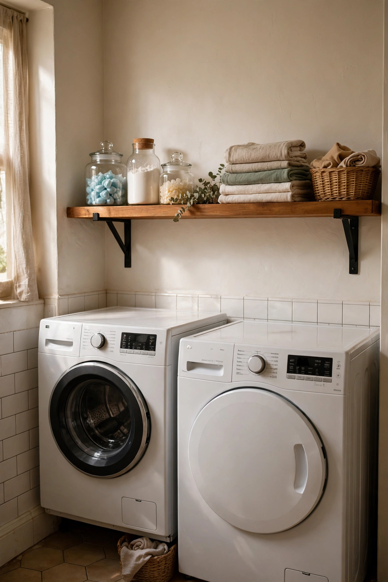 Over-washer storage shelf spanning two machines in a small laundry room