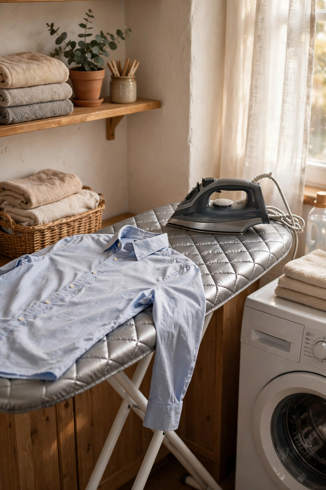 Ironing board with a new padded heat-reflective cover in a small laundry room