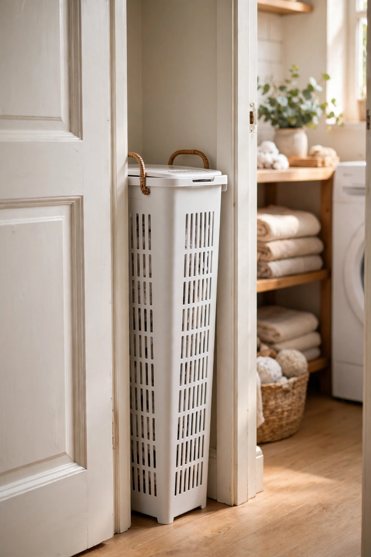 Slim-profile lidded laundry hamper fitting in a narrow laundry room gap
