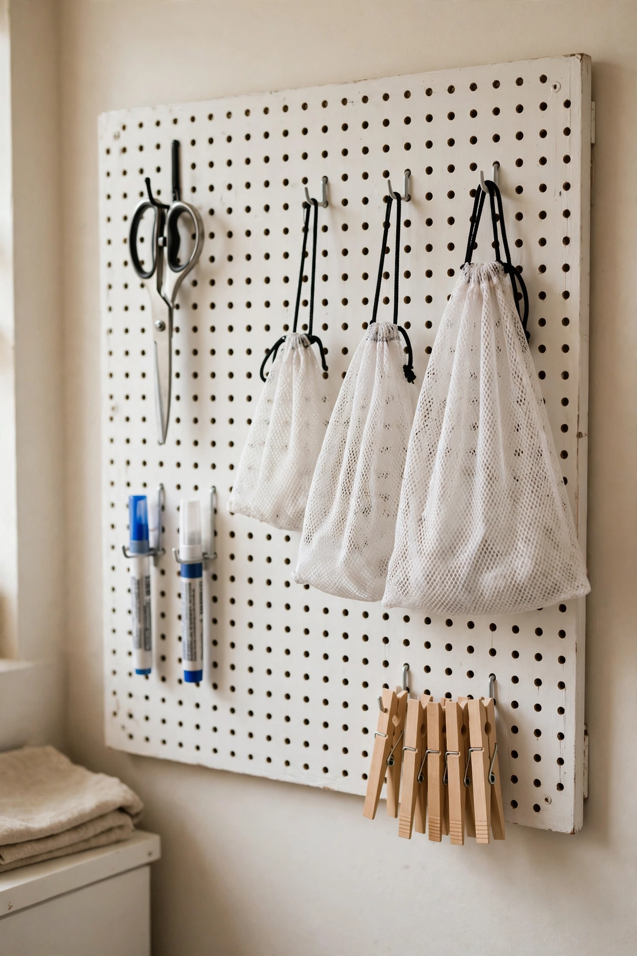 Pegboard supply wall with hooks holding laundry tools in a small laundry room