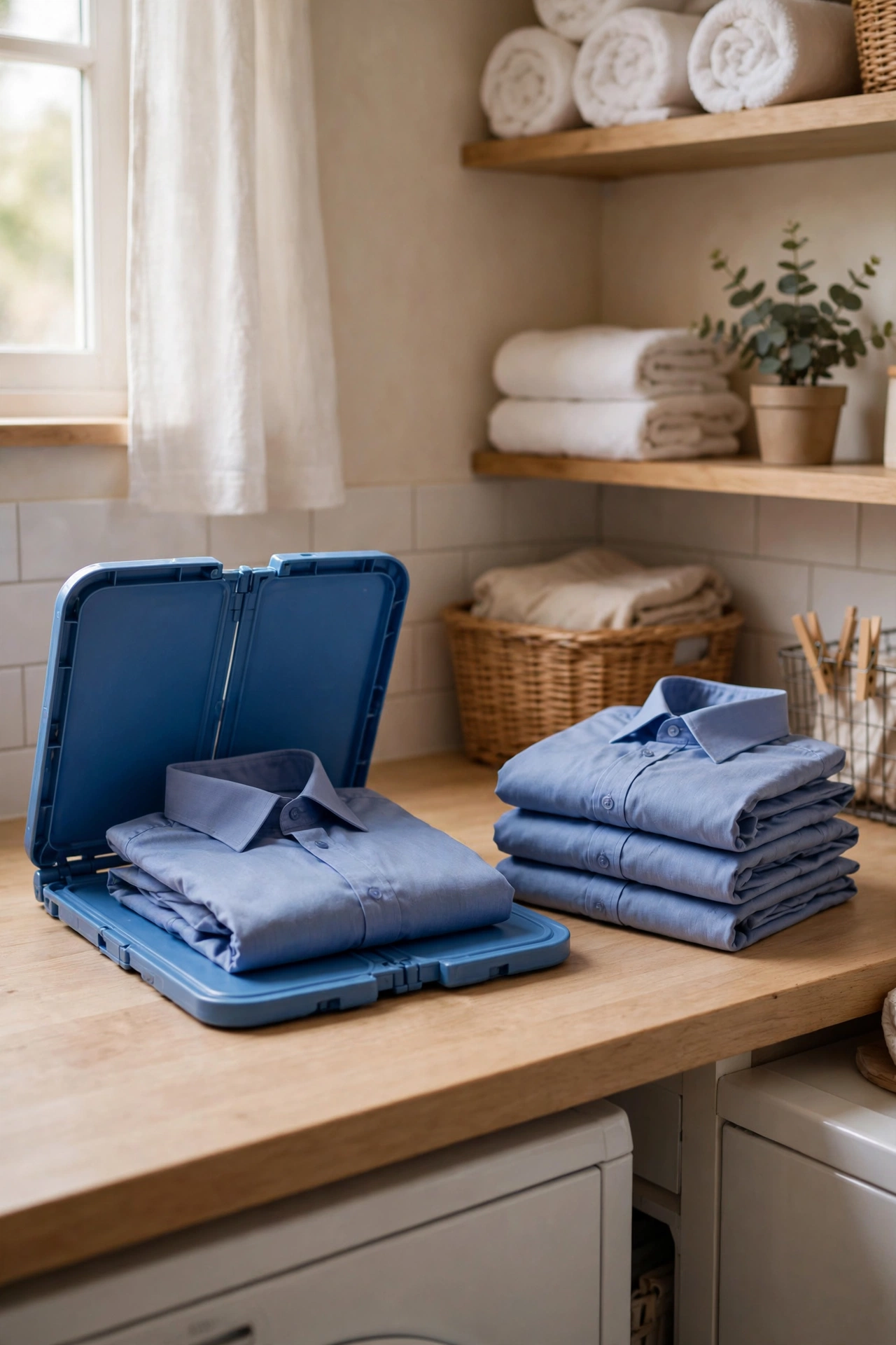 Shirt folding board creating uniform folds on a laundry room counter