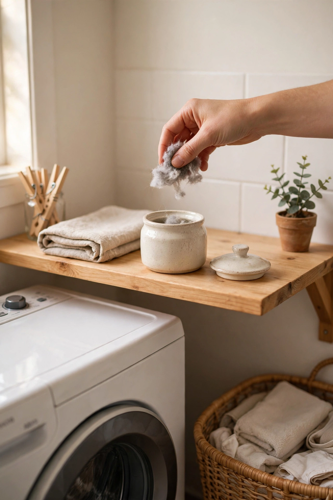 Small lidded countertop lint bin on a shelf above a dryer