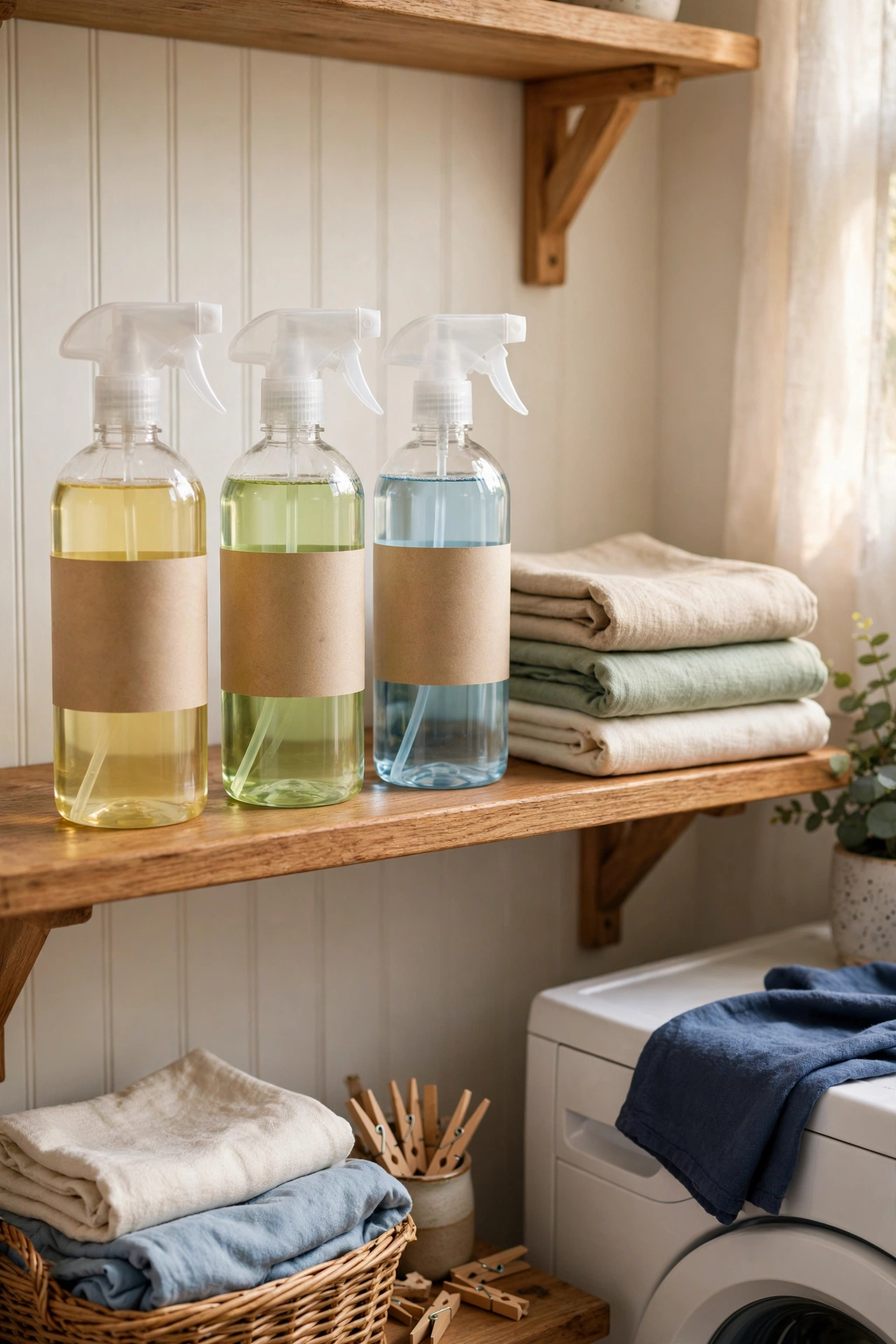 Refillable spray-bottle set with labelled bottles in a laundry room