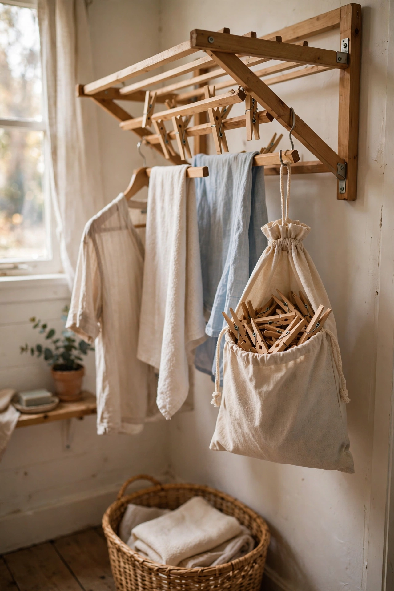 Hanging clothespin bag on a drying rack in a laundry room