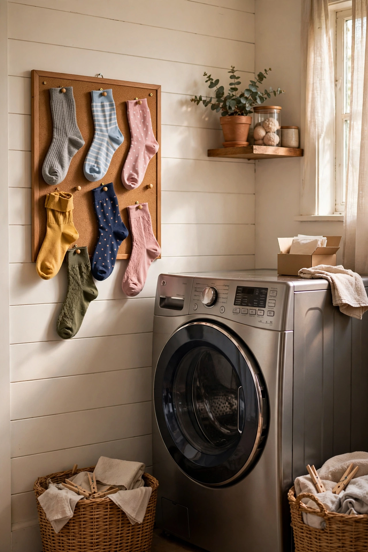 Lost-sock collection board with pinned single socks near a dryer