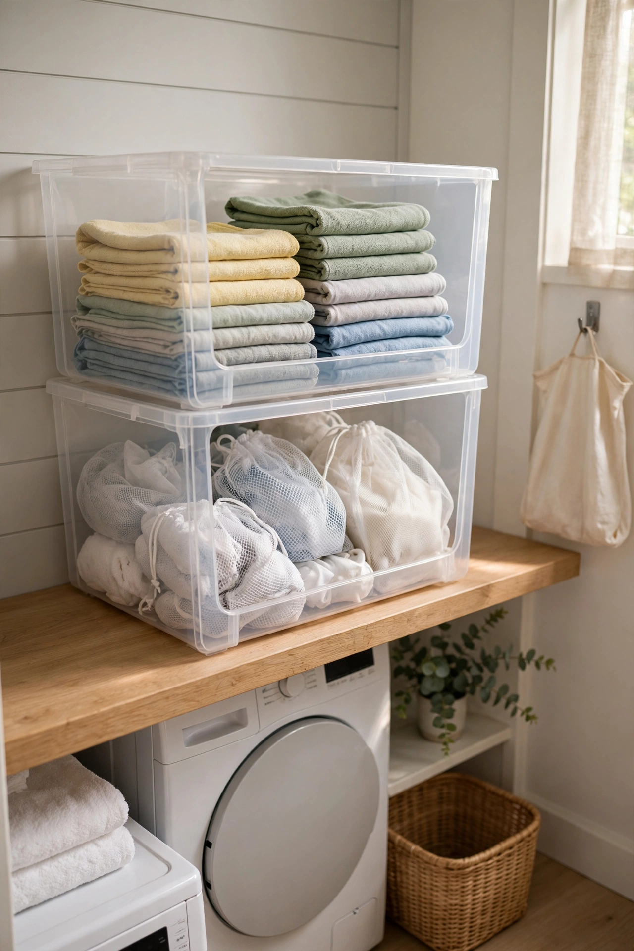 Stackable open-front bins holding cloths and supplies on a laundry shelf