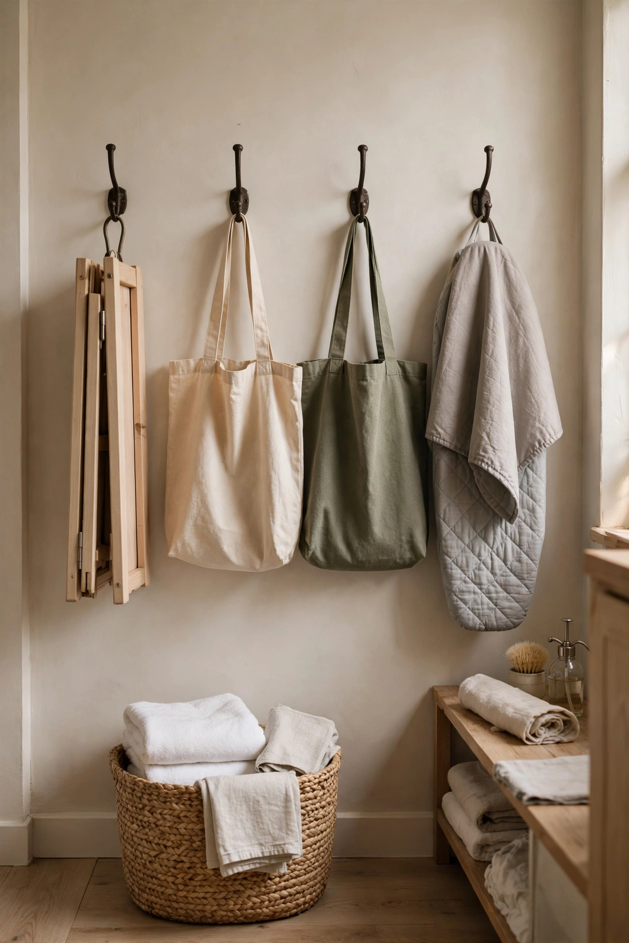 Row of cast metal wall hooks holding laundry items in a small laundry room