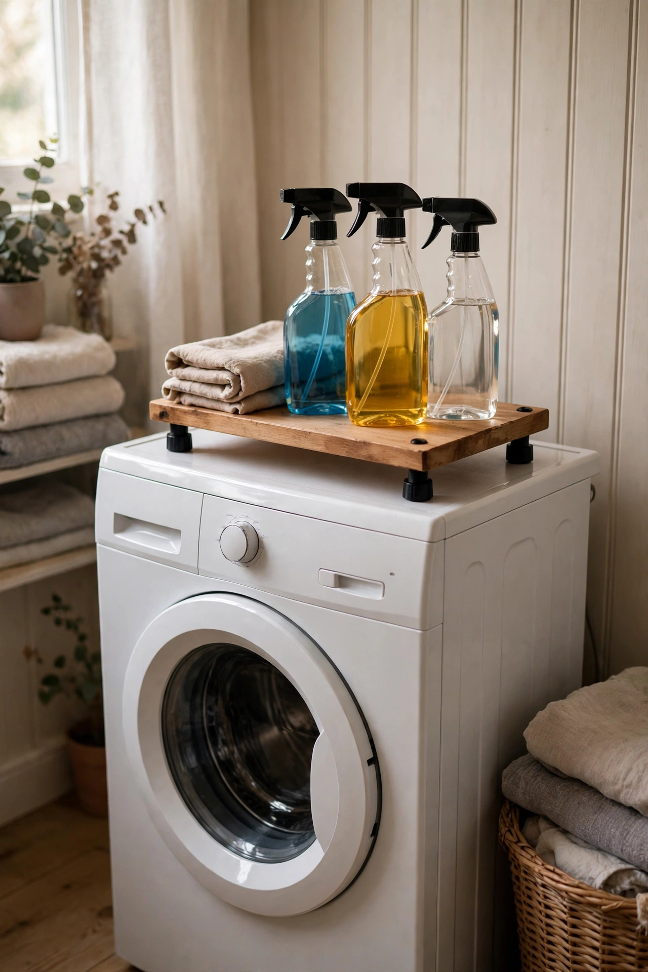 Washer-top riser shelf with rubber feet holding folding supplies