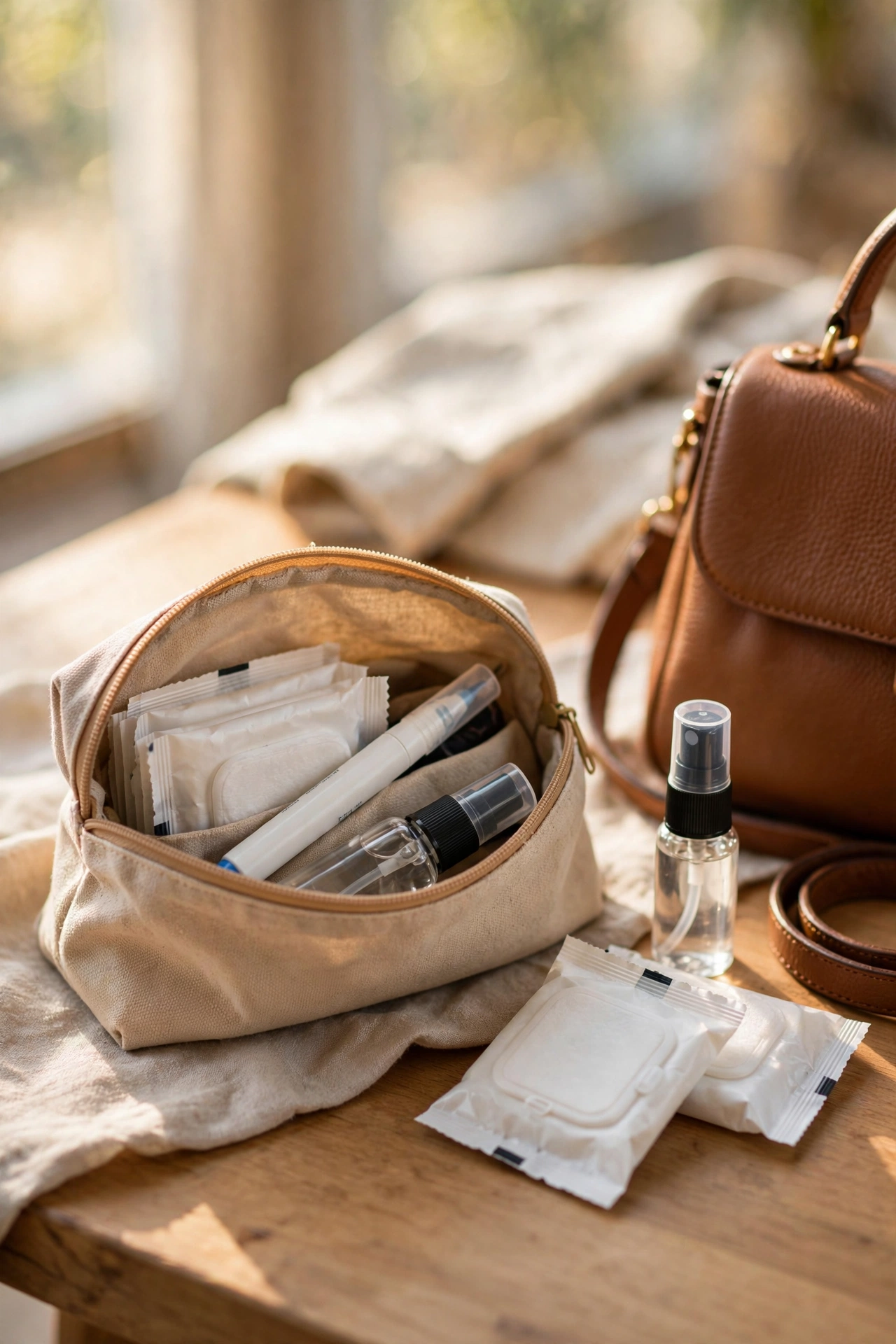 Stain-treatment travel kit pouch with stain pen and wipes