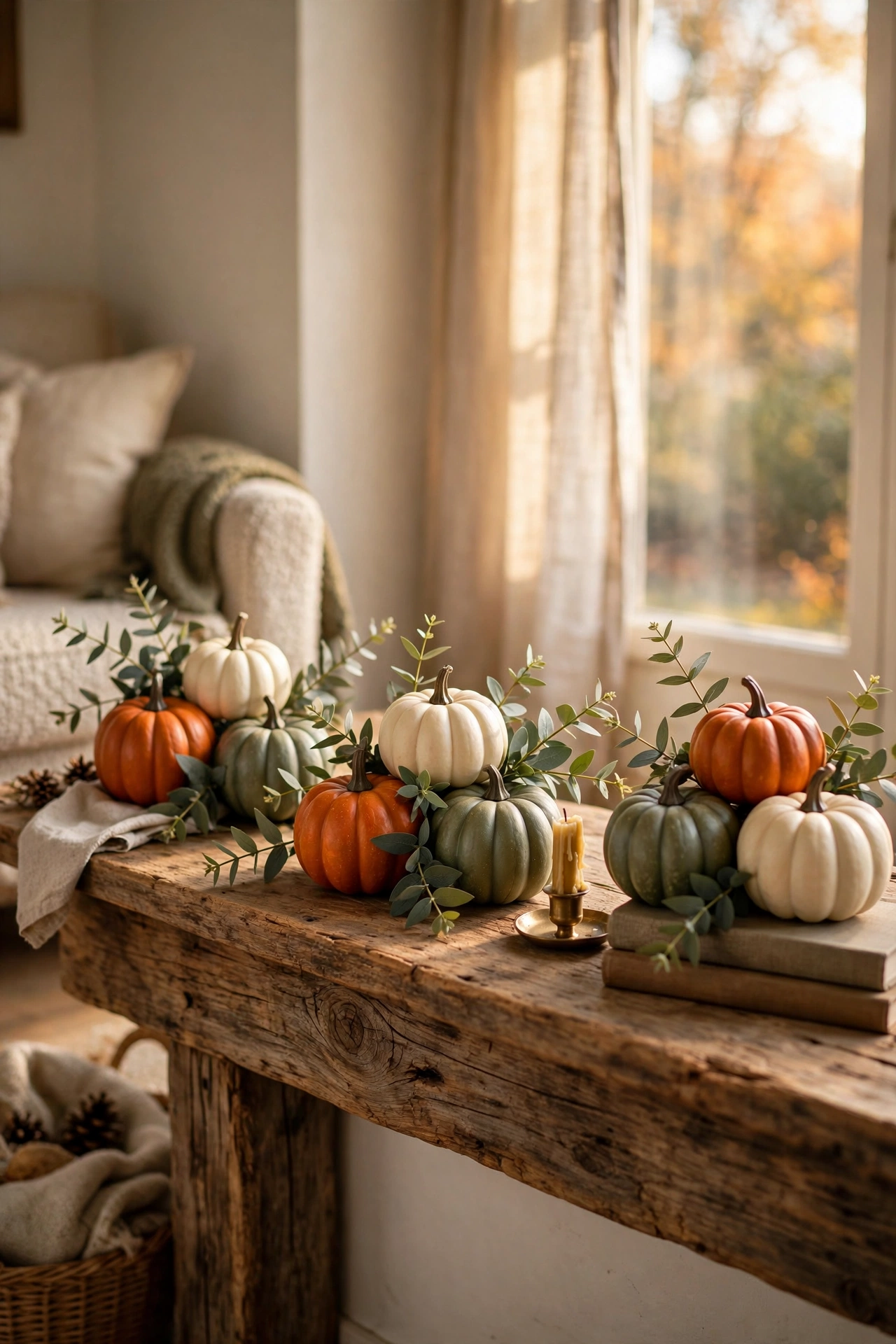 Clusters of small faux pumpkins in orange, cream and green on a wooden mantel with eucalyptus sprigs